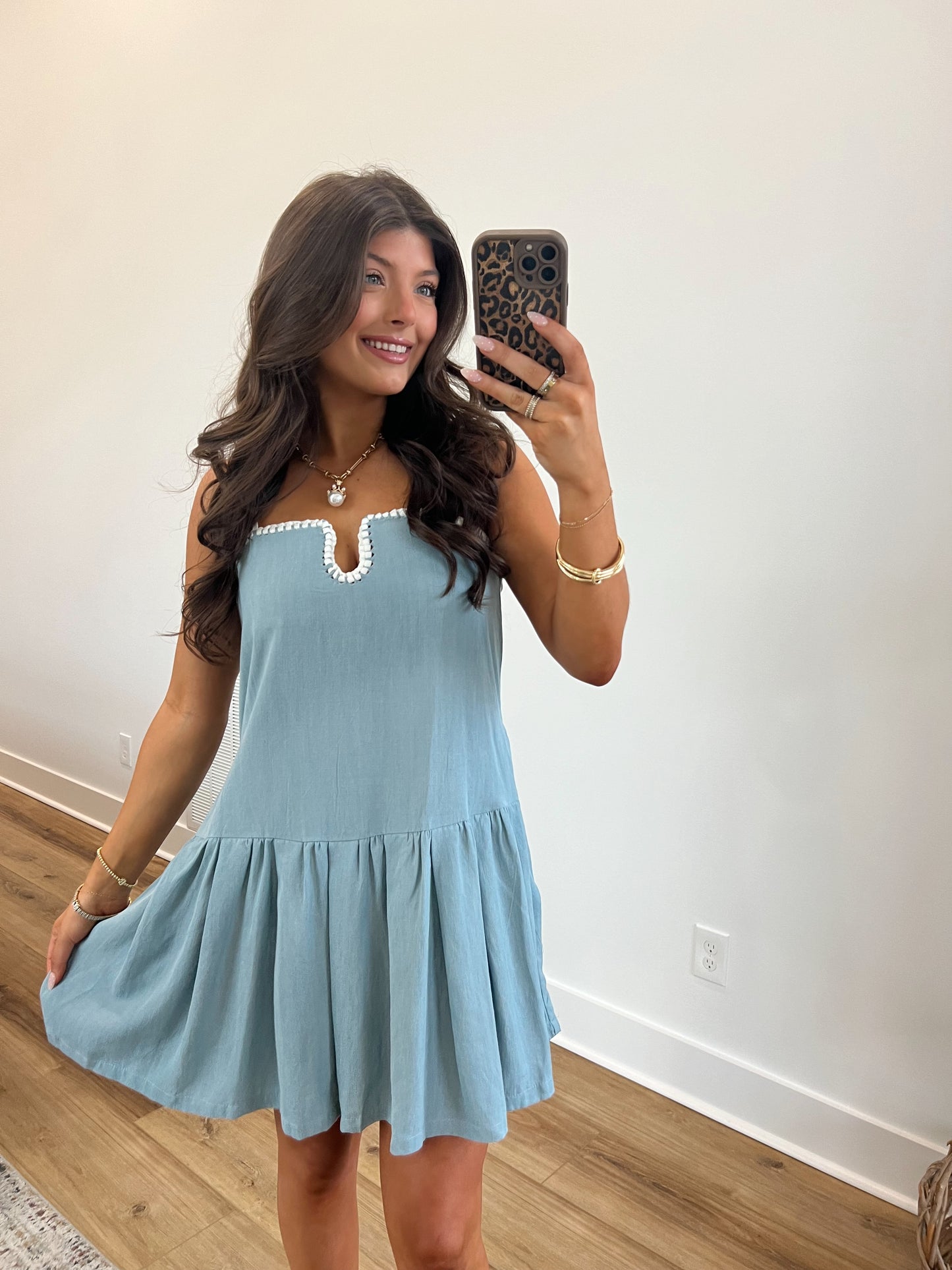 Baby Blue Contrast Stitch Mini Dress