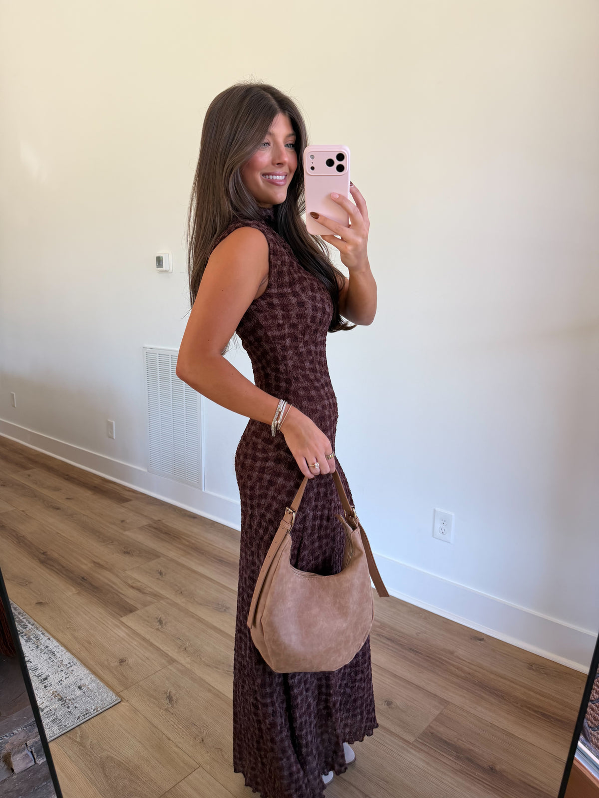 Coffee Gingham Maxi Dress