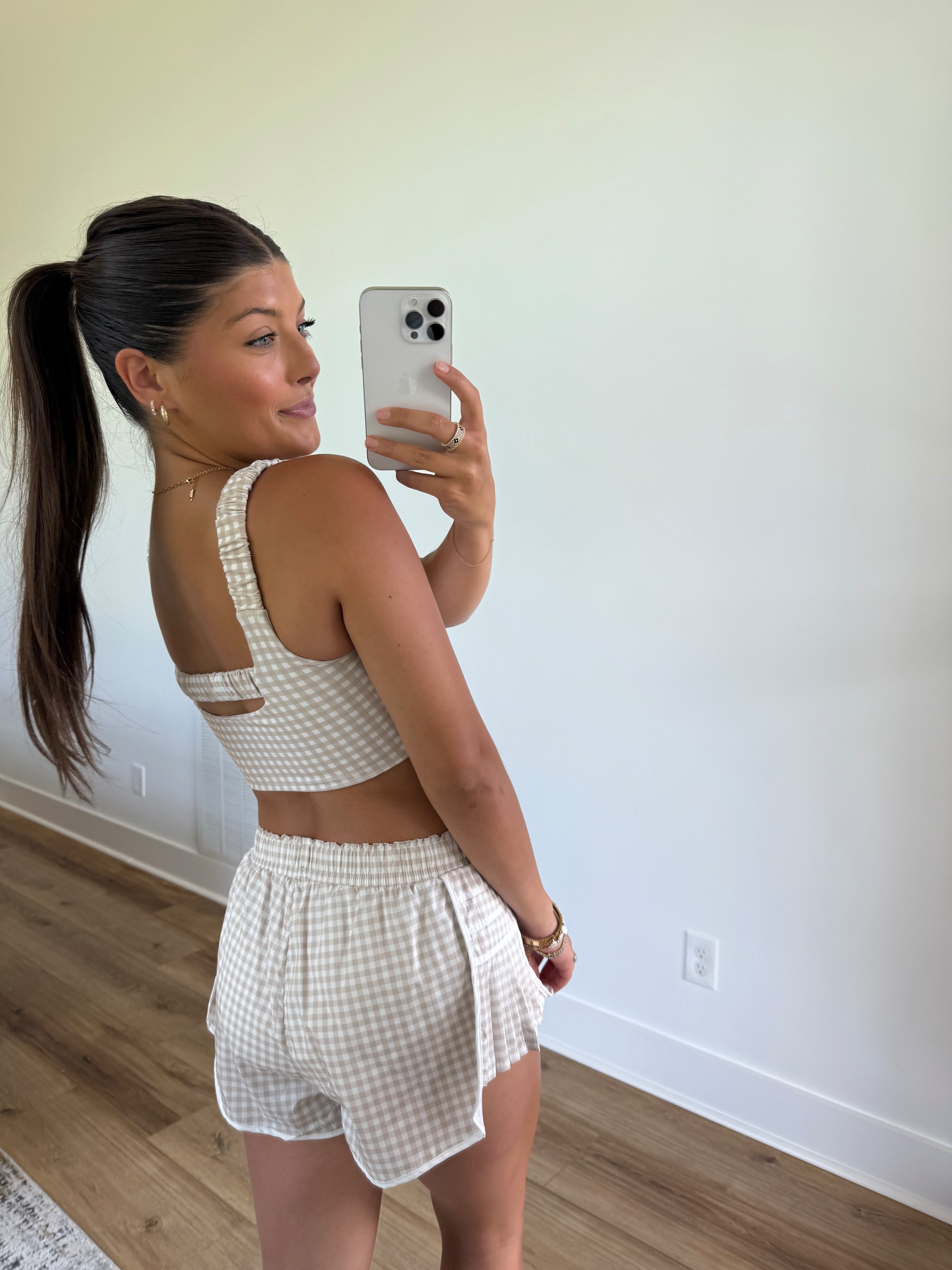 Beige Gingham Flutter Shorts