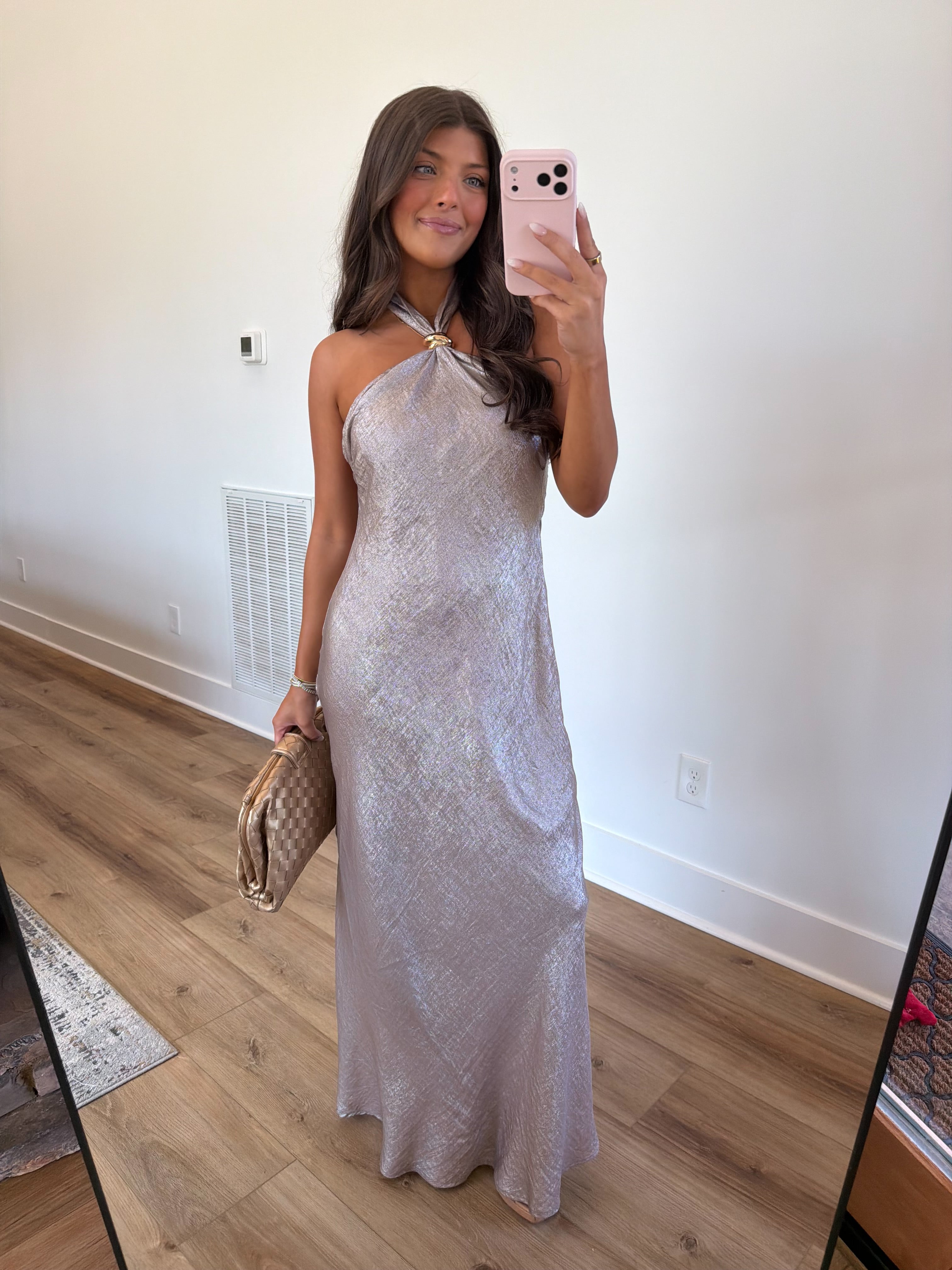 Champagne Satin Halter Maxi Dress