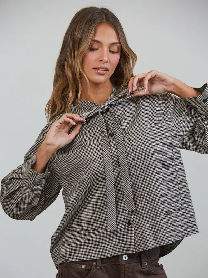 Vintage Gingham Tie Neck Blouse
