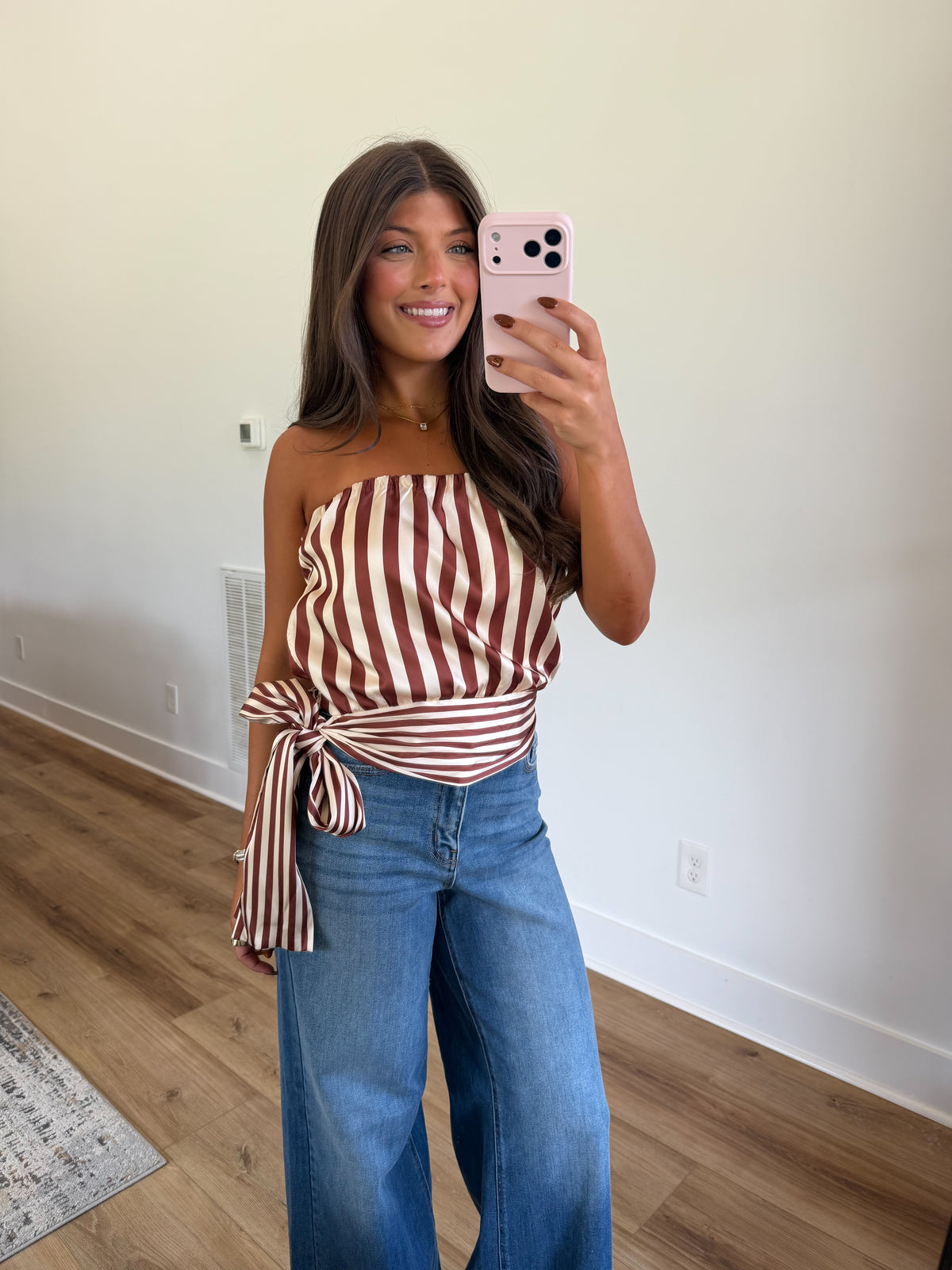 Satin Stripe Side Tie Top (Brown)