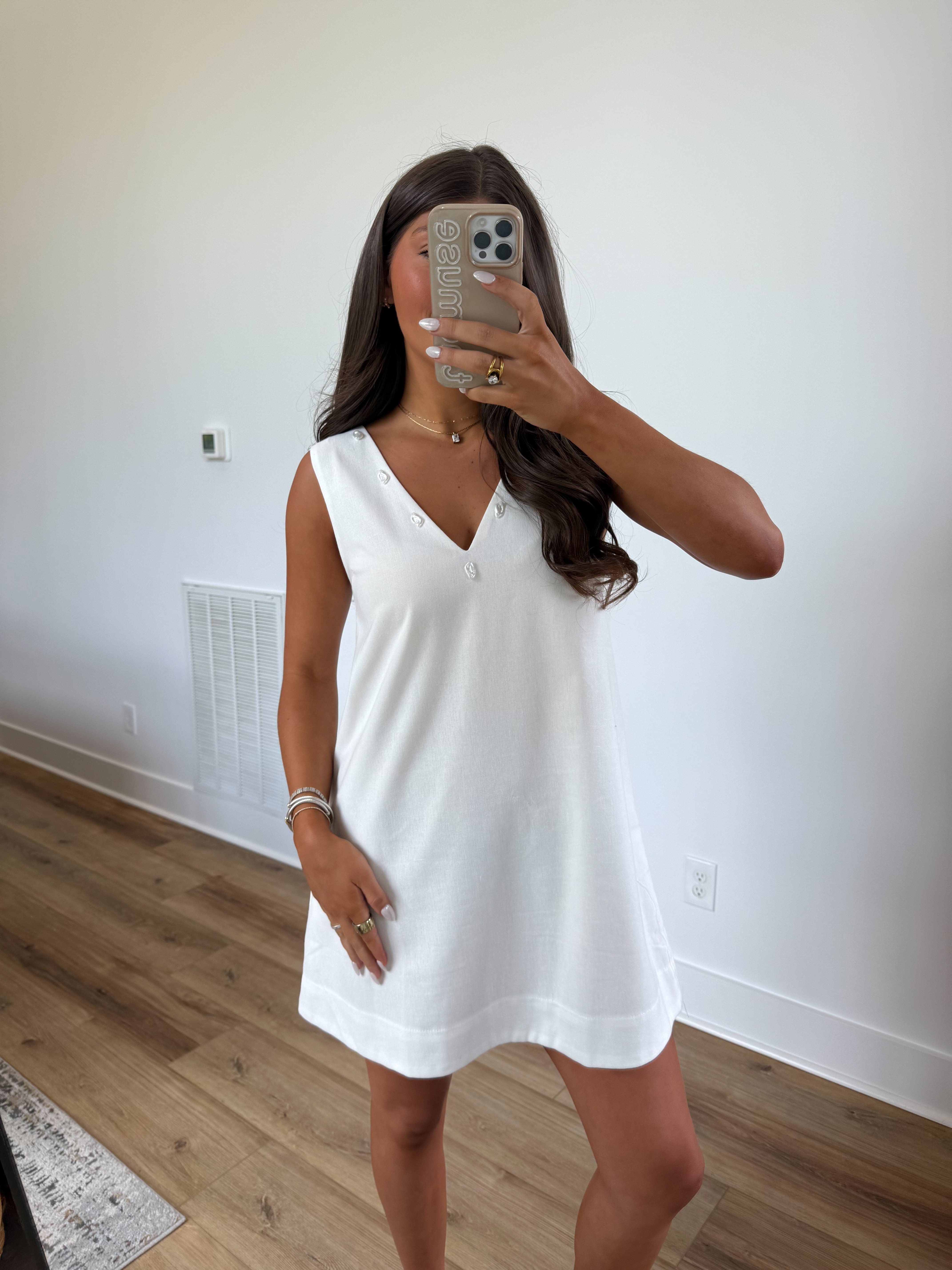 Pearl Neck Linen Dress