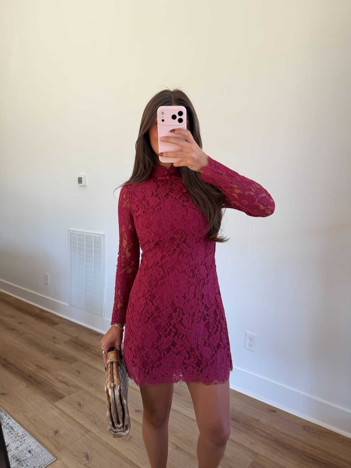 Floral Lace Mock Neck Mini Dress (Burgundy)