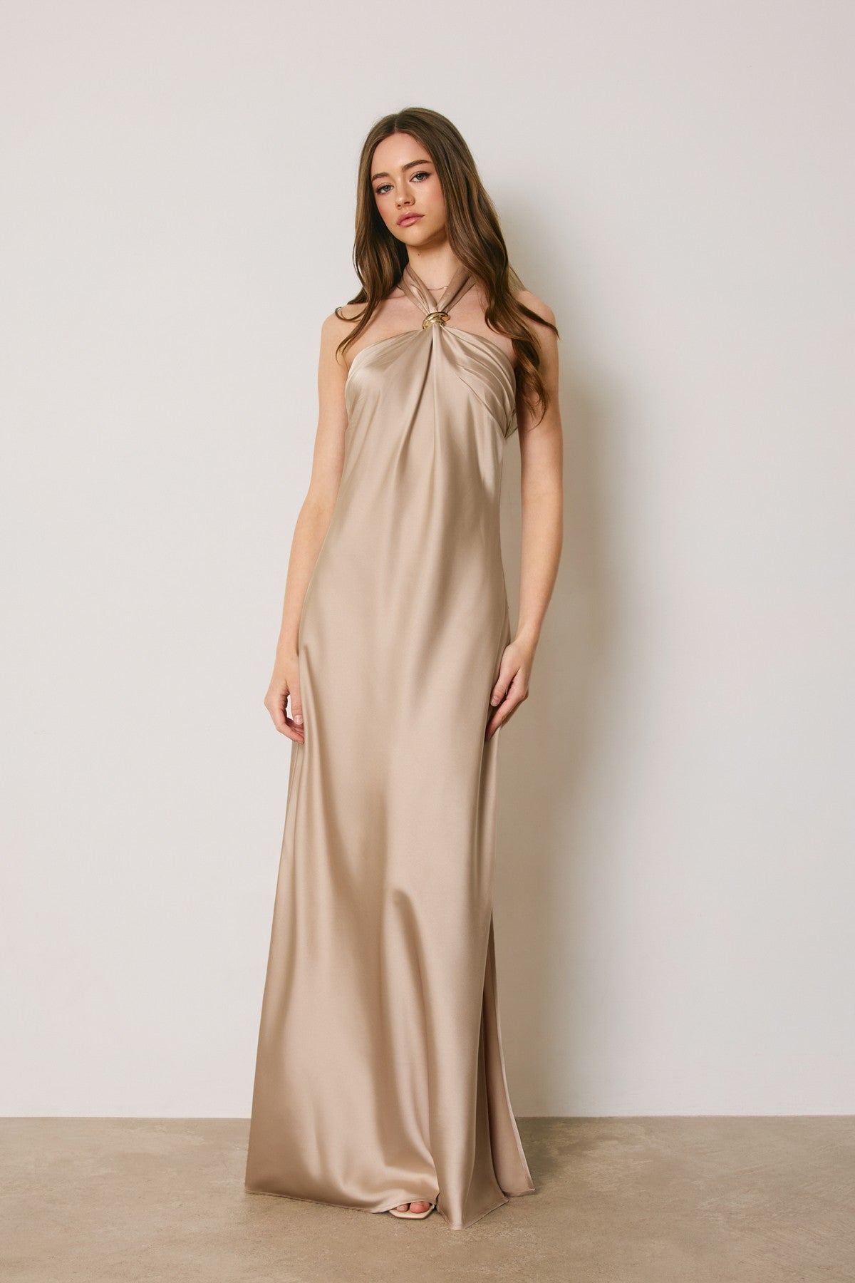 Champagne Satin Halter Maxi Dress