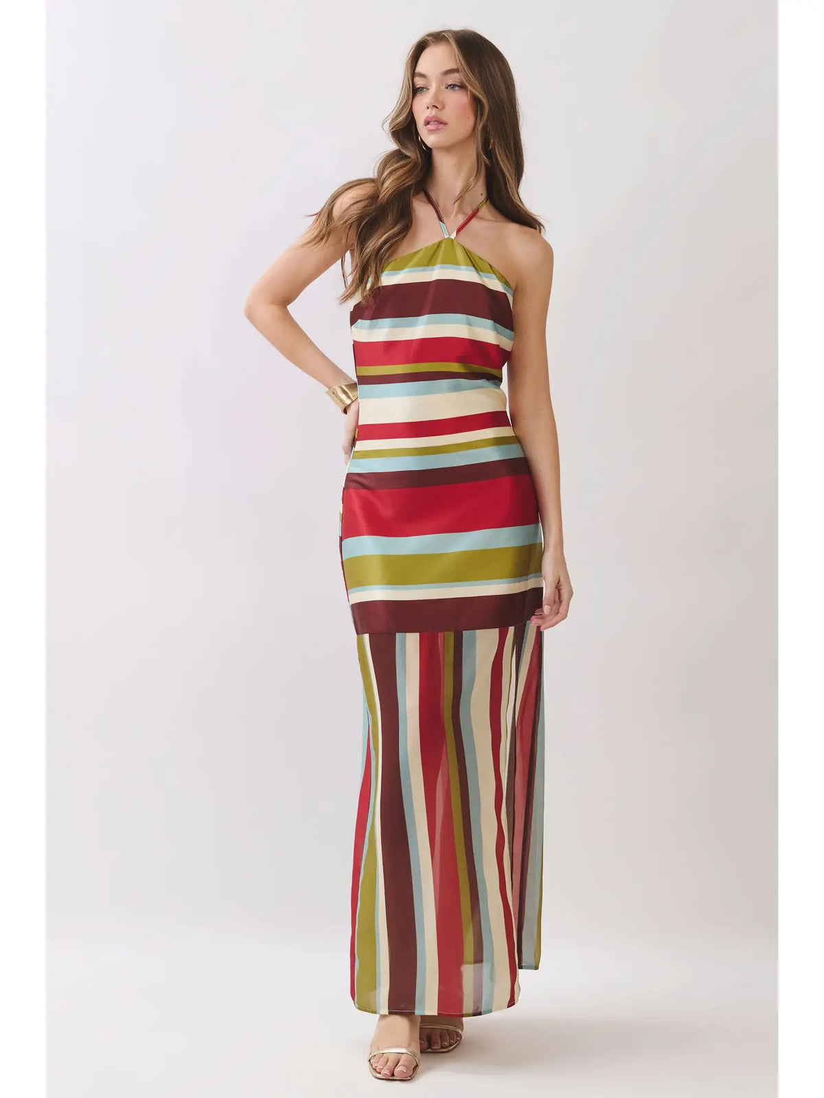 Multicolor Stripe Halter Maxi Dress