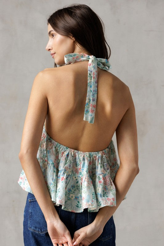 (Blue) Watercolor Bloom Halter Top
