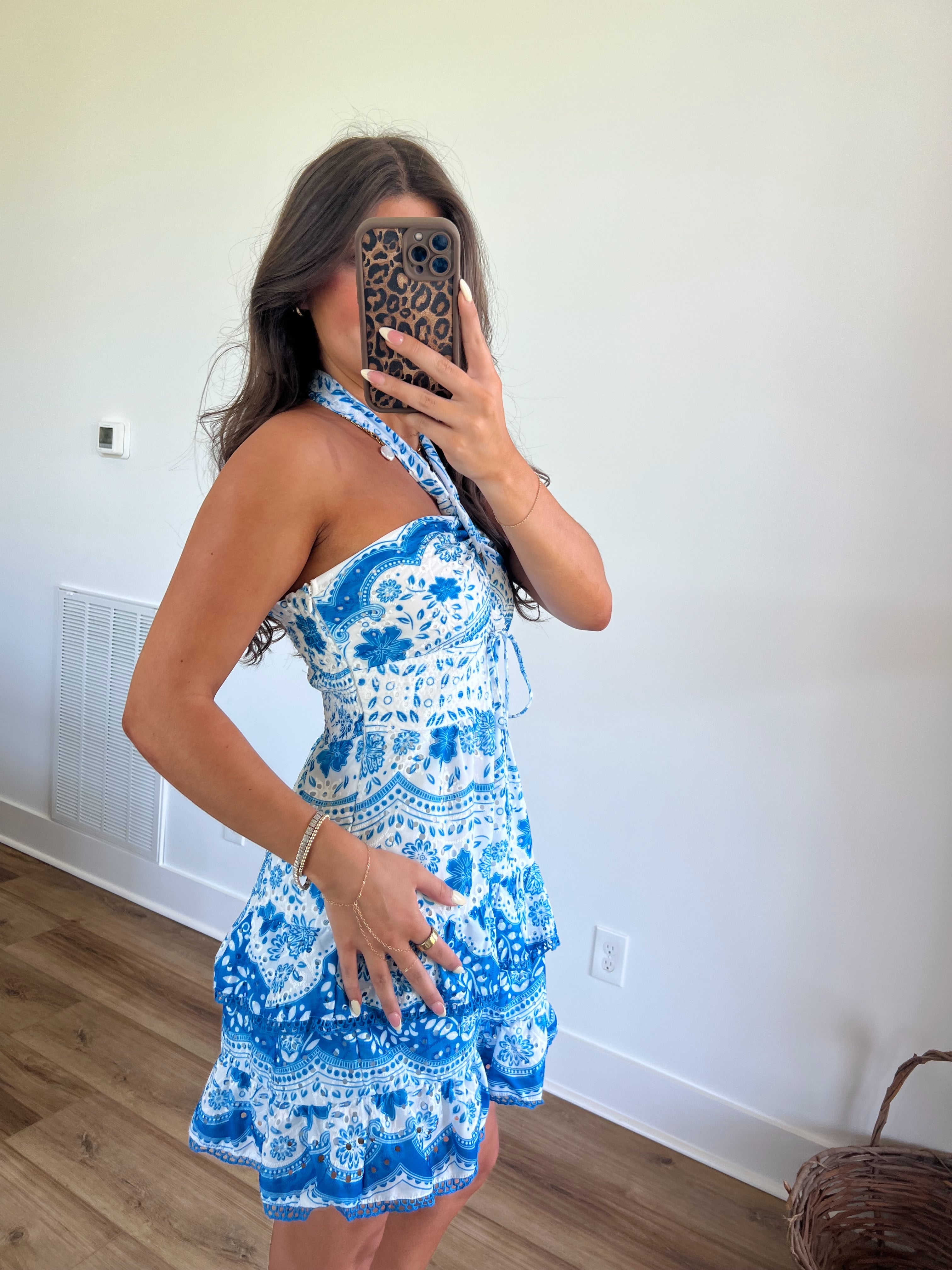 Blue Hawaiian Eyelet Halter Mini Dress