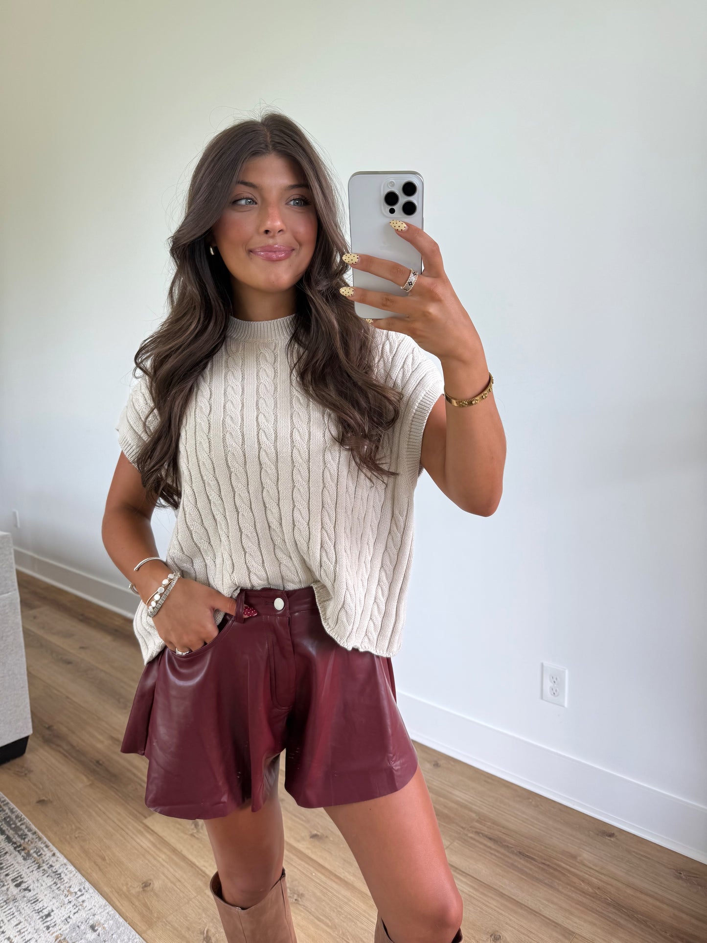 Burgundy Leather Flare Shorts
