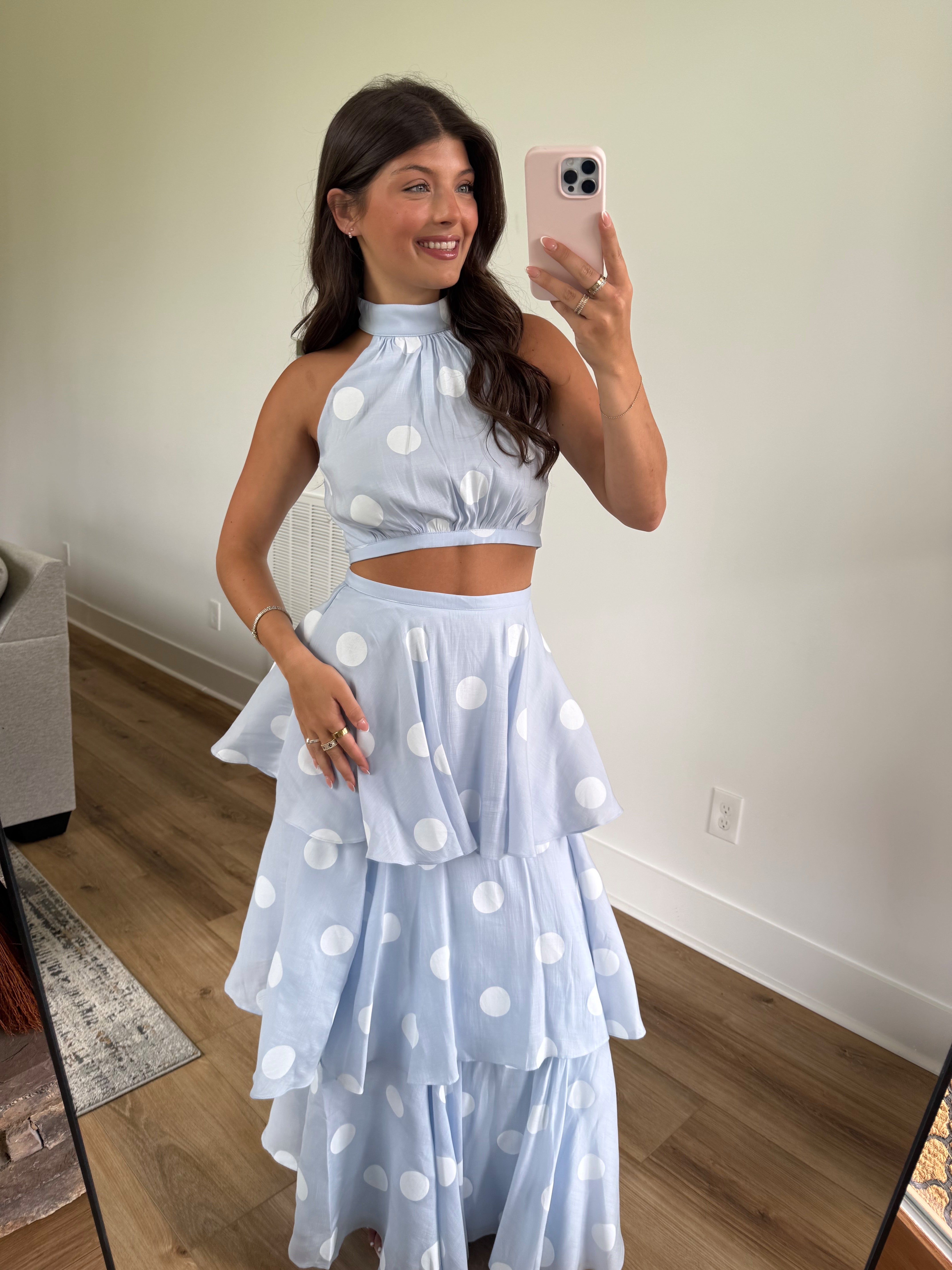 Baby Blue Polka Dot Maxi Skirt Set