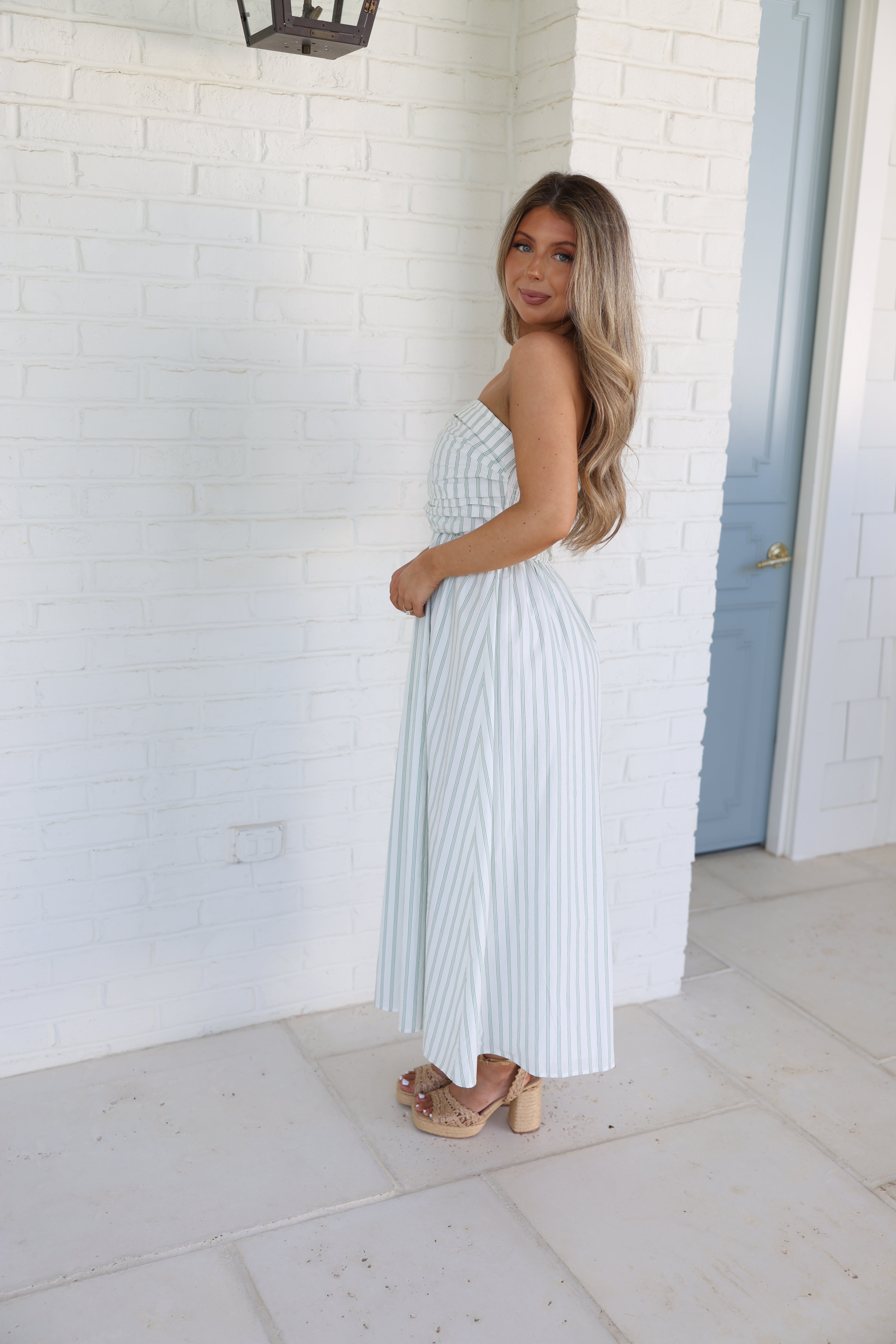 The Nantucket Strapless Dress (Green Stripes)