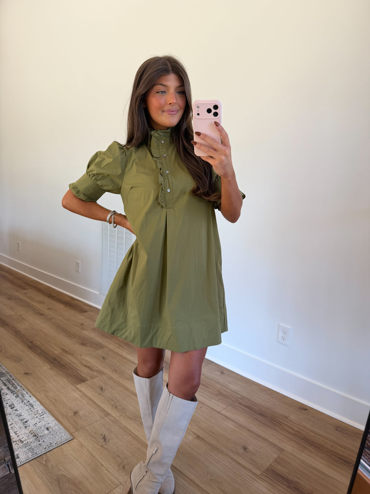Olive Green Ruffle Collar Mini Dress