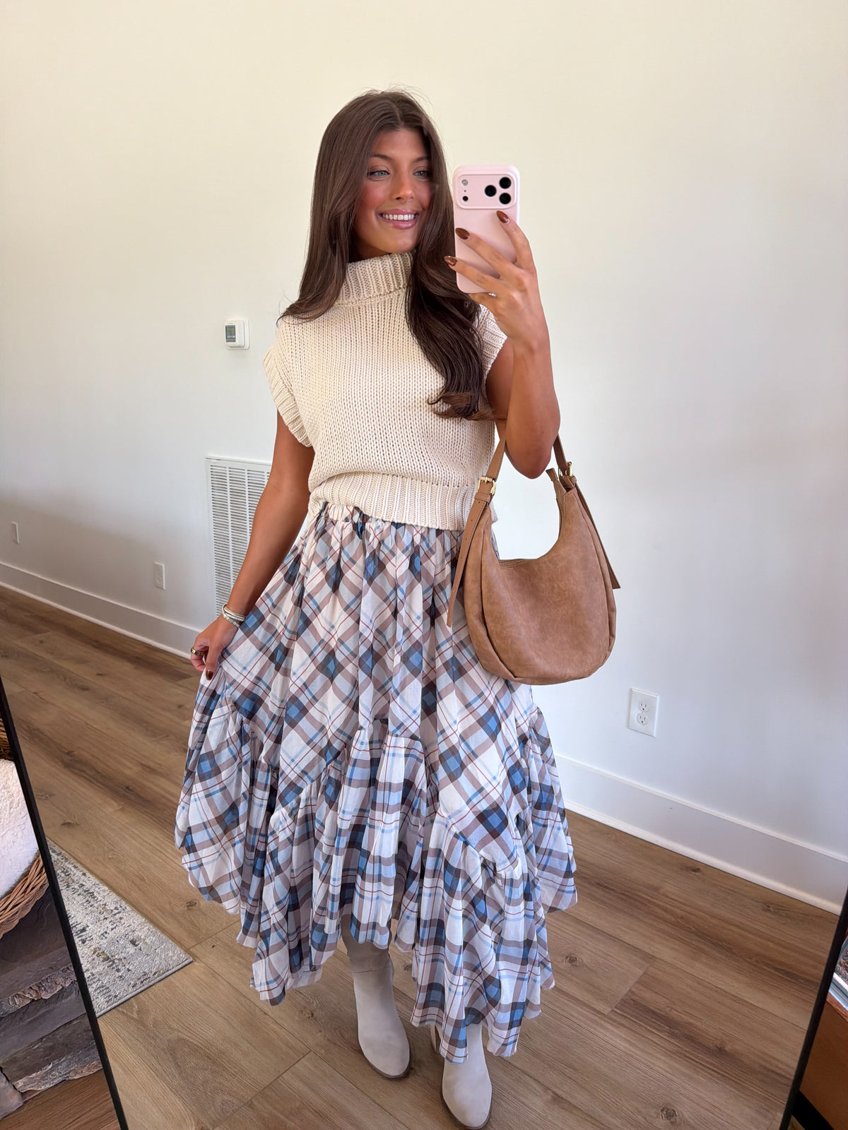Blue & Brown Plaid Ruffle Maxi Skirt