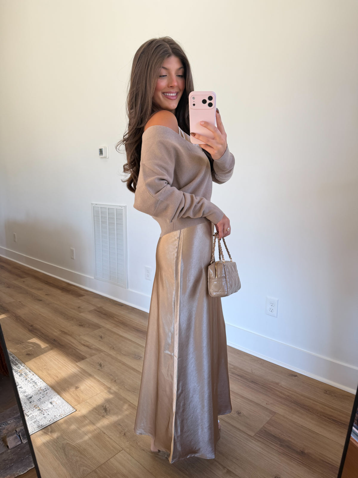 Taupe Satin Slip Dress & Knit Sweater Set
