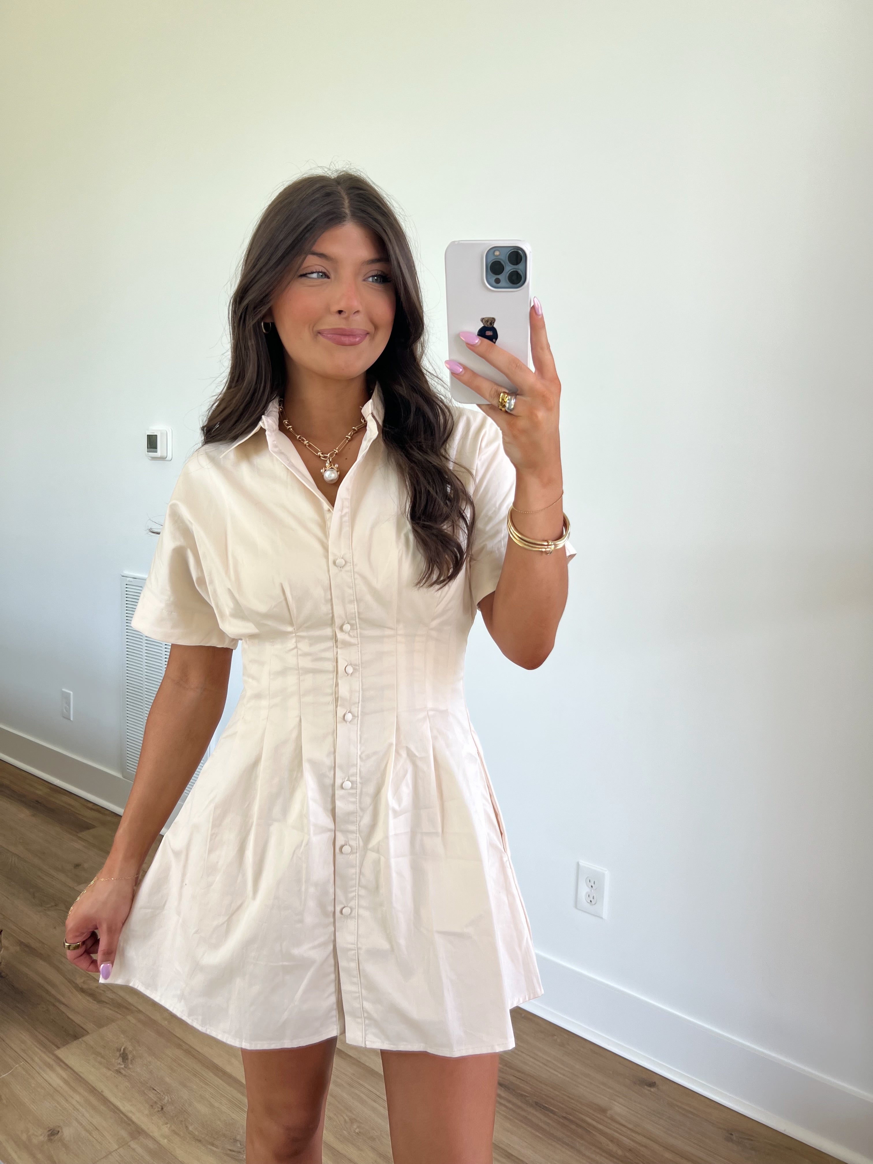 Cream Cinched Waist Mini Dress