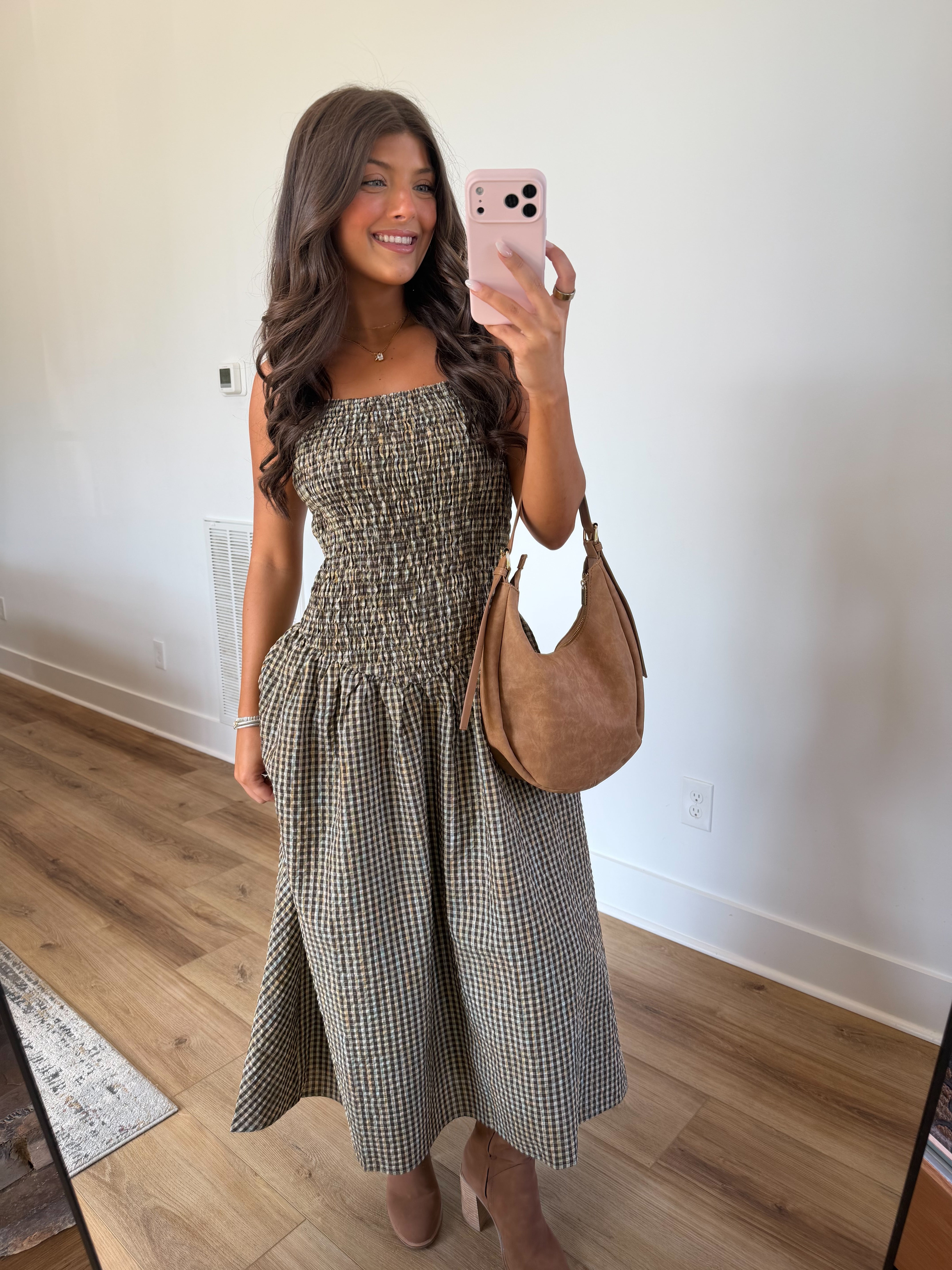 Brown Gingham Drop Waist Midi