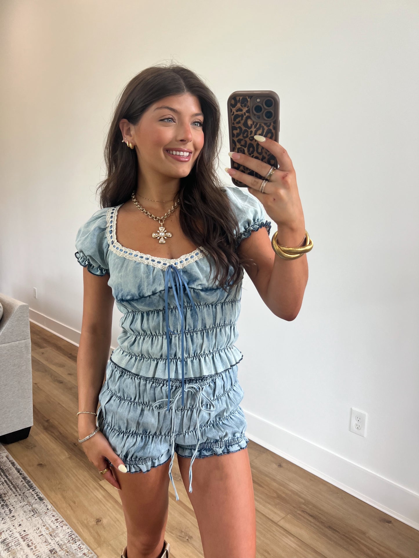 Denim Crinkle Shorts Set