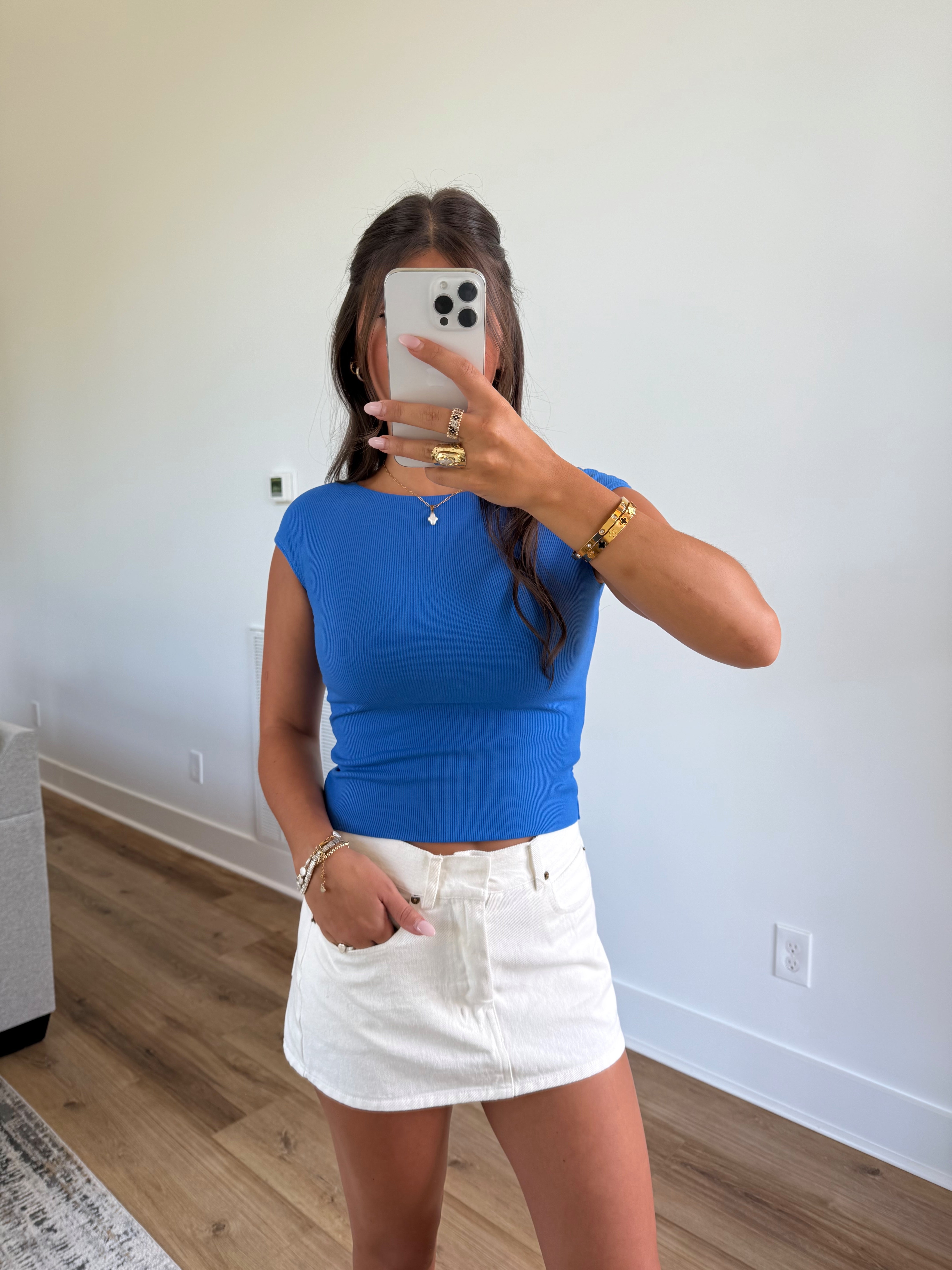 Blue Ribbed Open Back Top