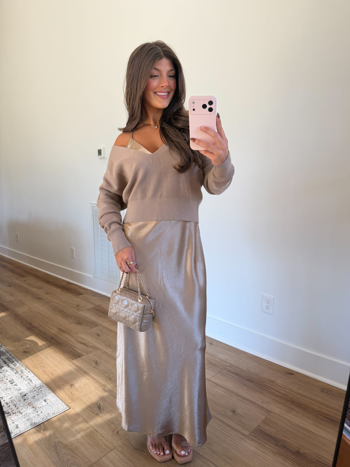 Taupe Satin Slip Dress & Knit Sweater Set