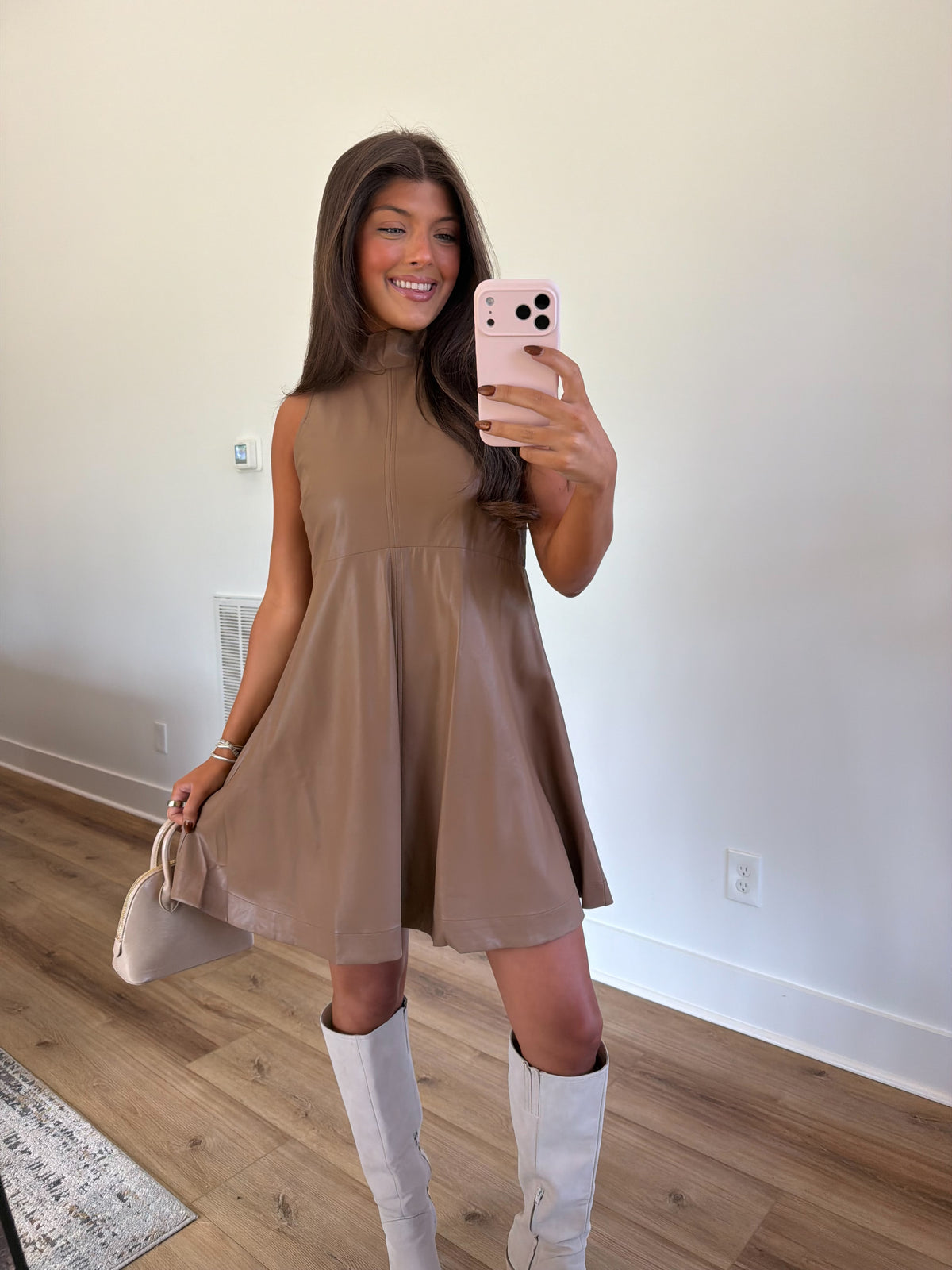 Brown Leather Swing Mini Dress