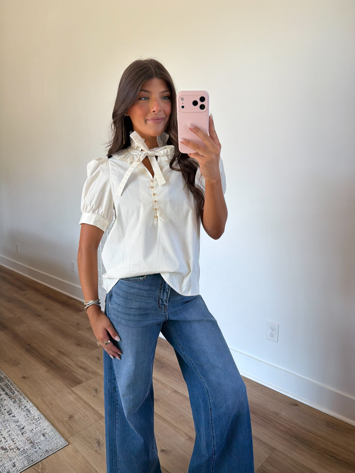 Ruffle Tie Neck Blouse (Cream)