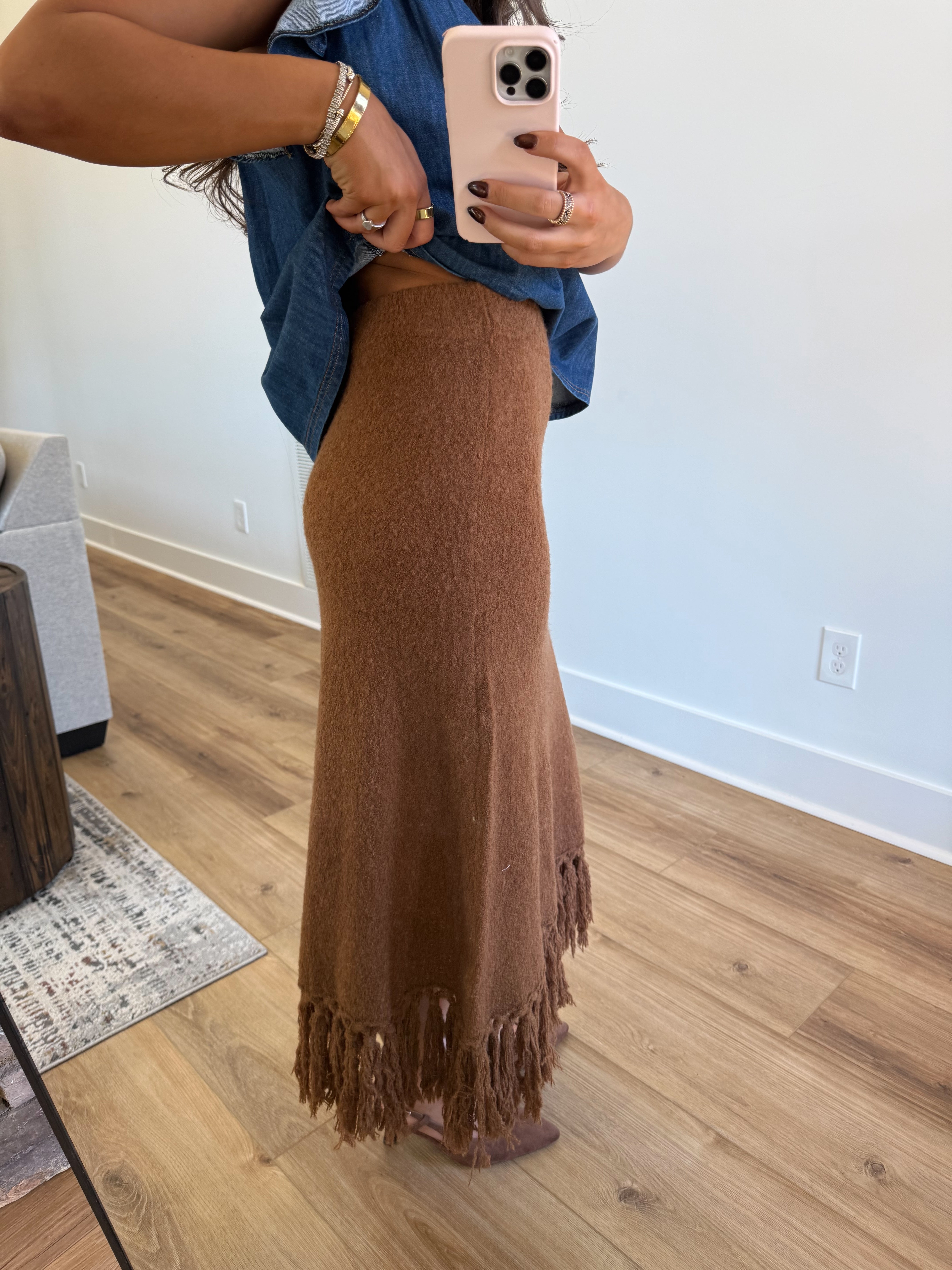 The Caramel Knit Fringe Skirt