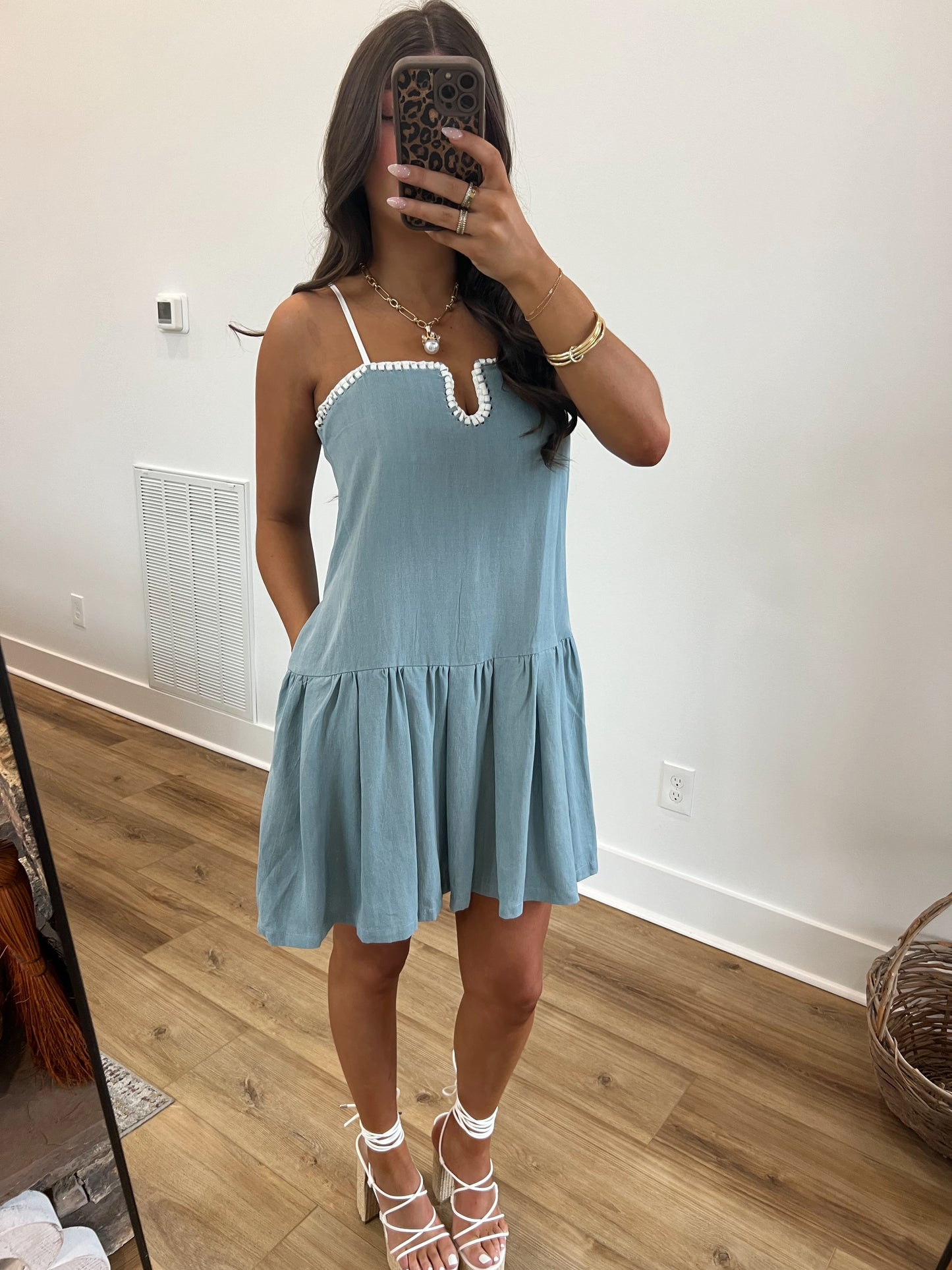 Baby Blue Contrast Stitch Mini Dress