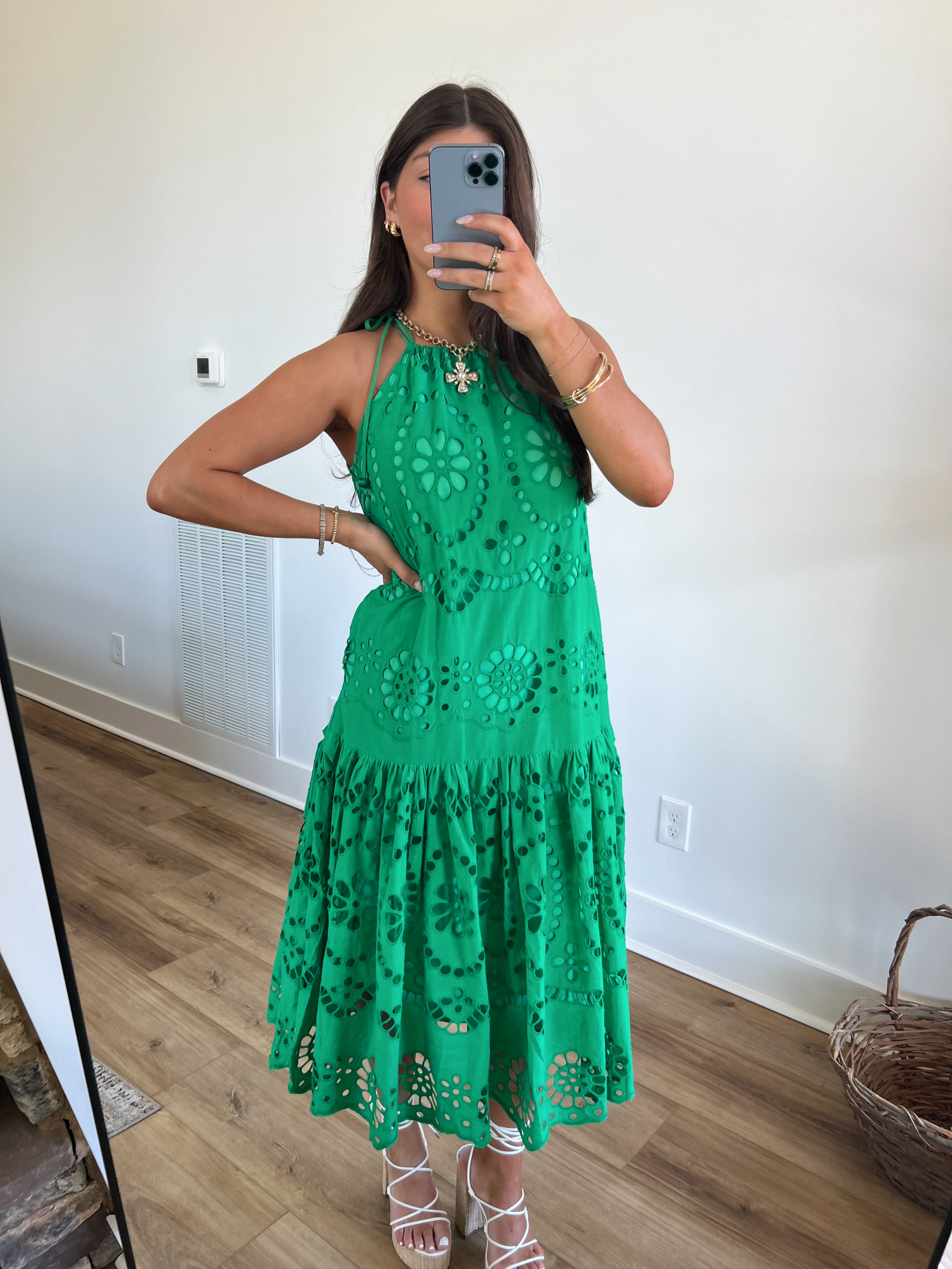 Kelly Green Elegant Eyelet Maxi Dress