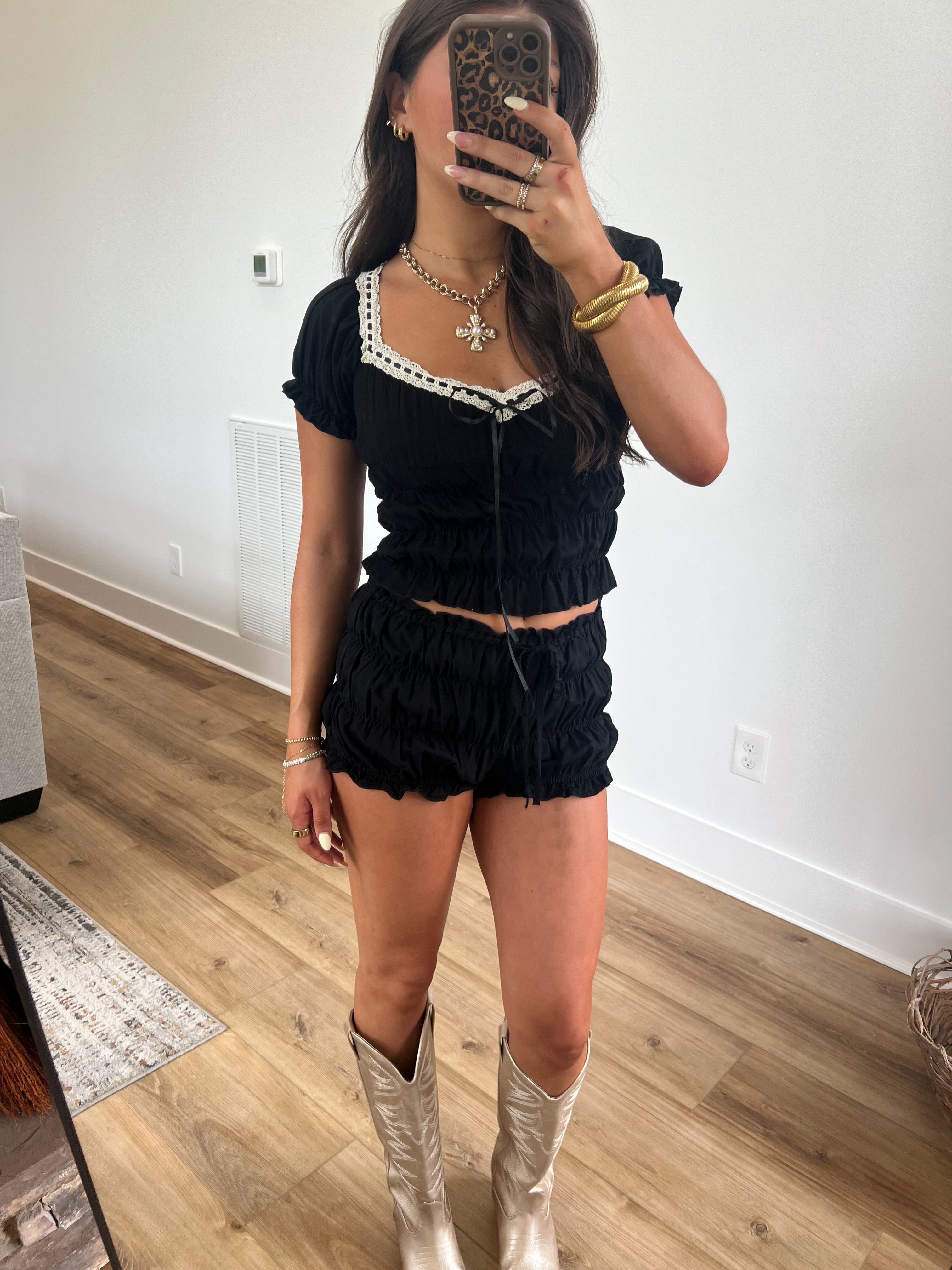 Black Crinkle Shorts Set
