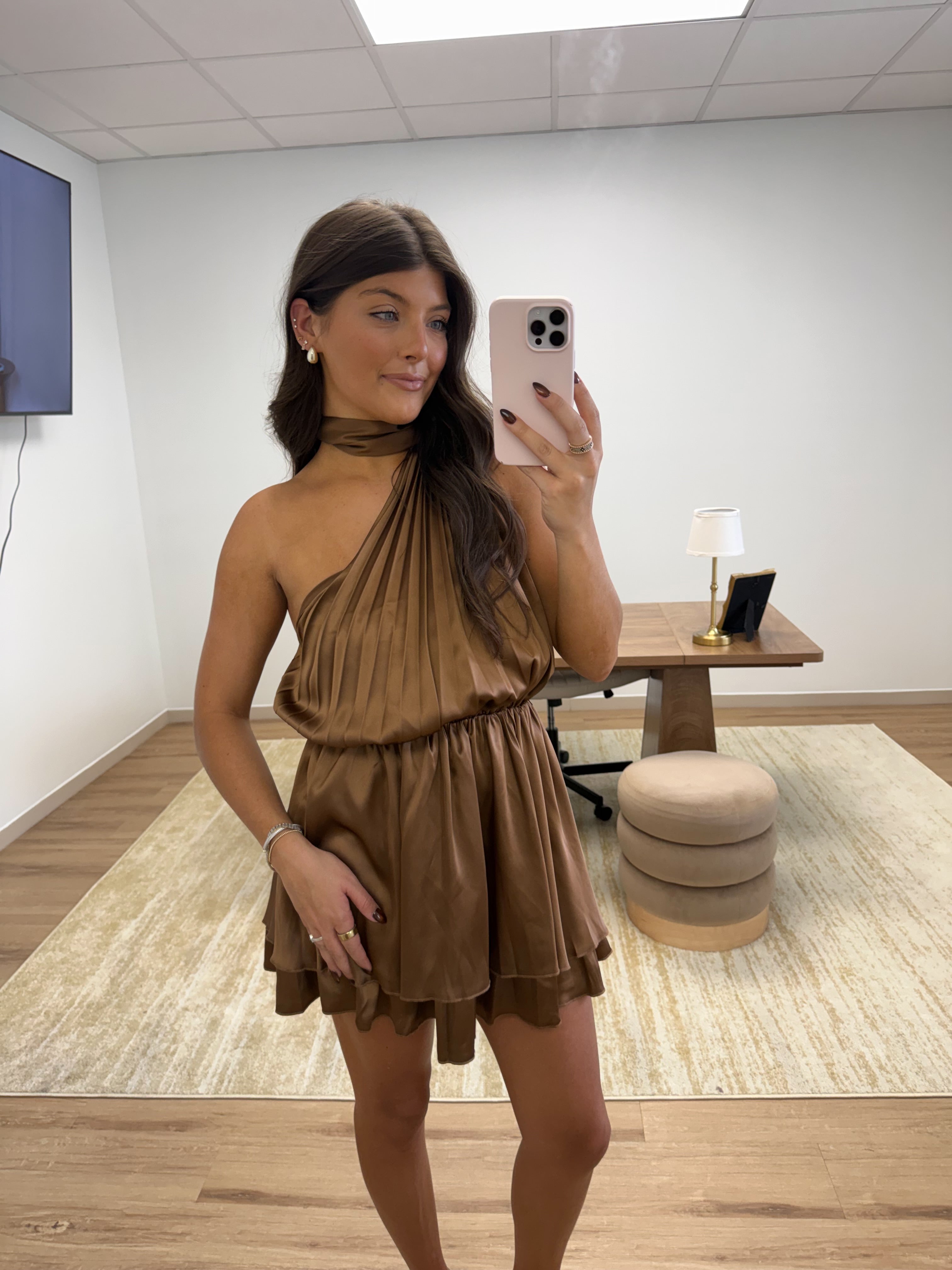 The Satin Neck Wrap Mini Dress