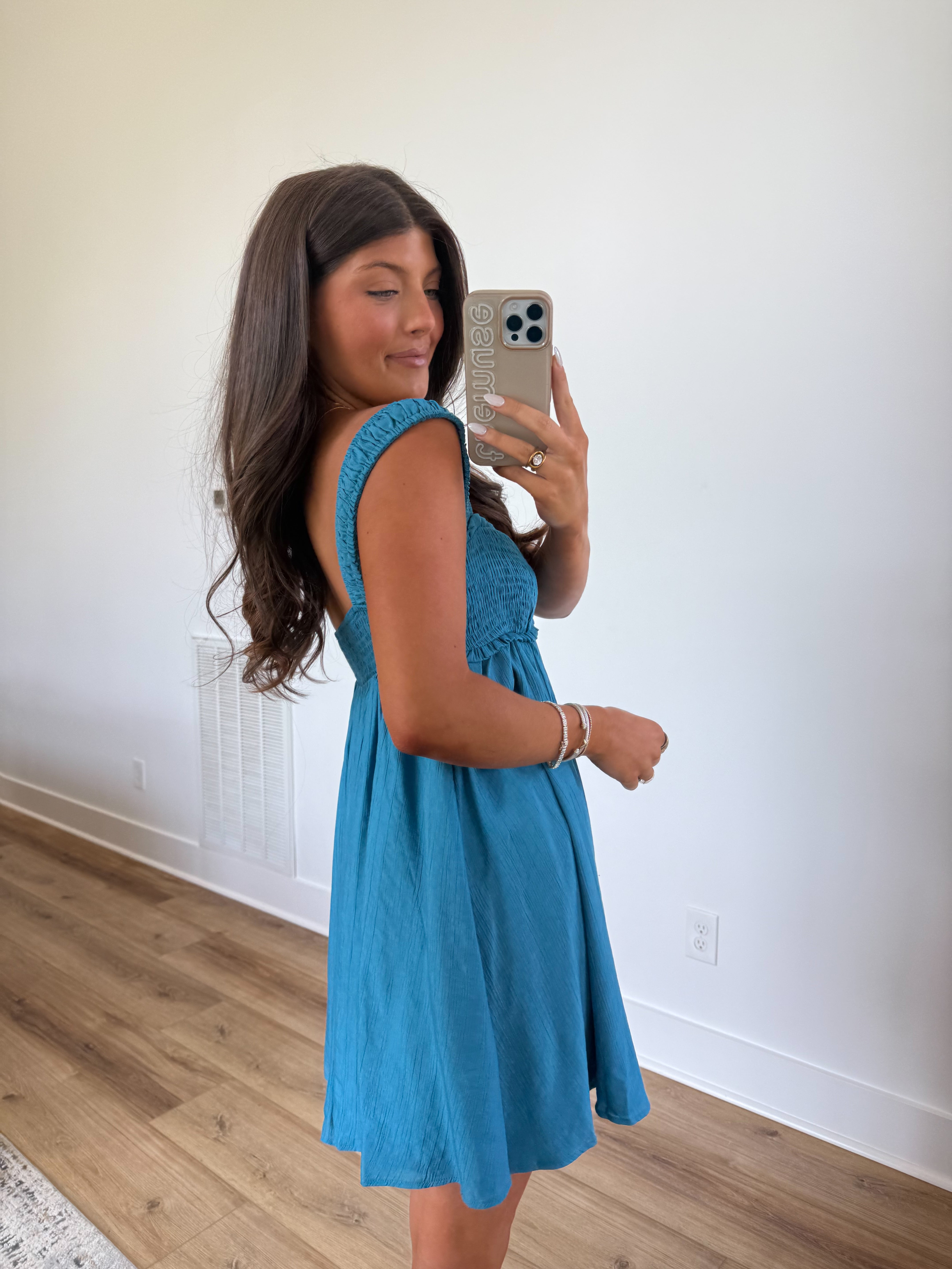 Teal Smocked Mini Dress