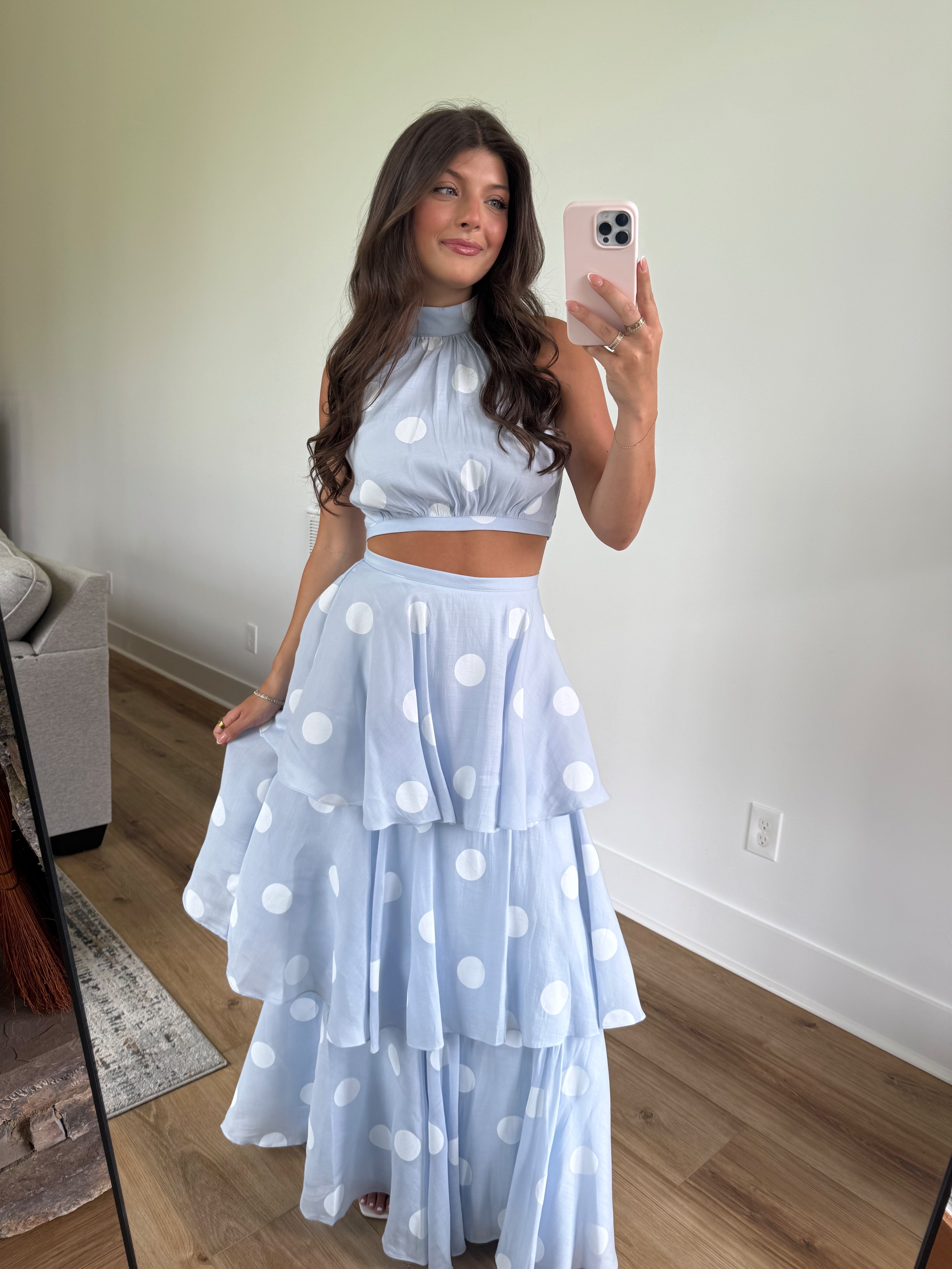Baby Blue Polka Dot Maxi Skirt Set
