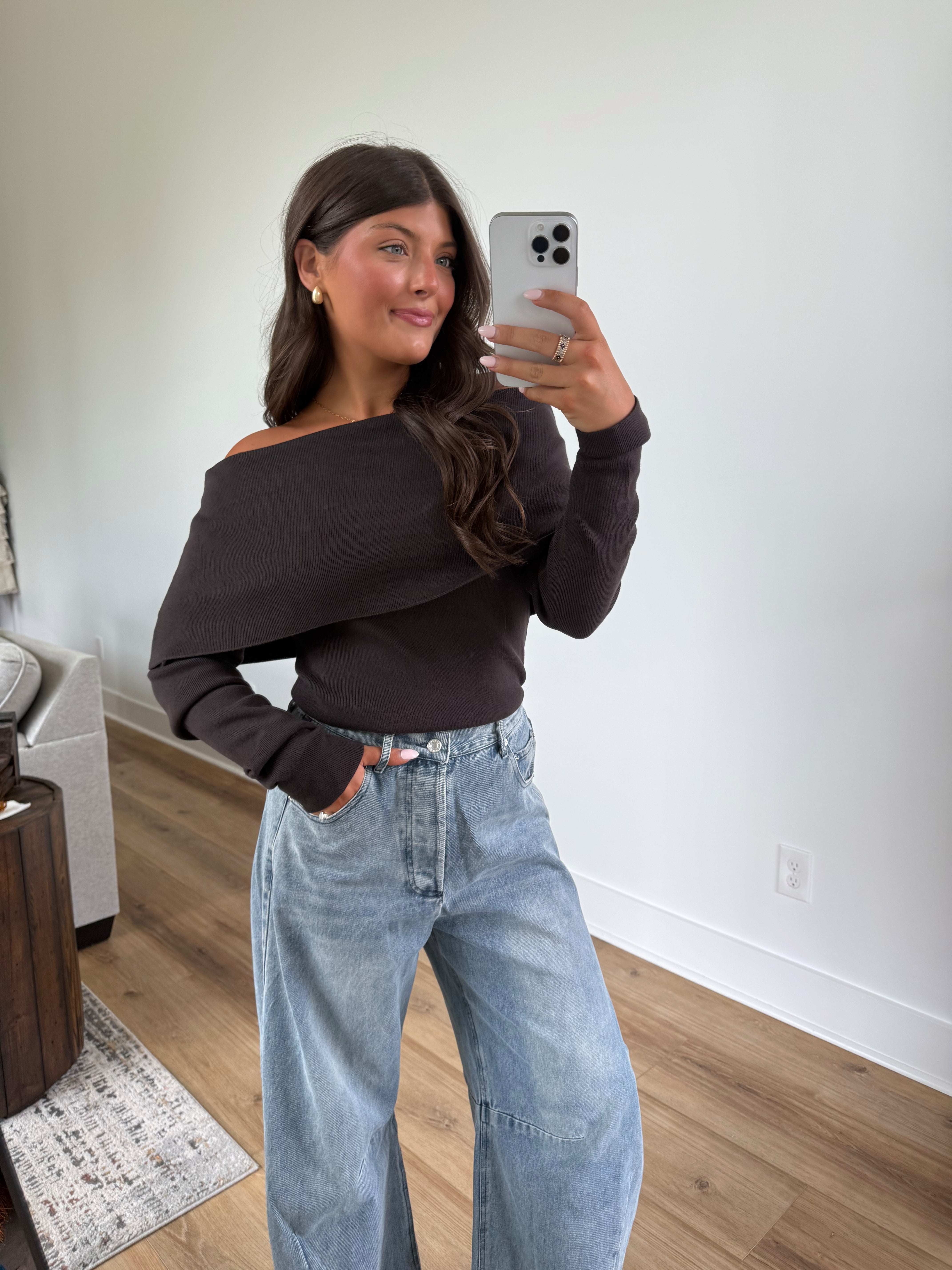 Foldover Off-Shoulder Knit (Coffee Bean)