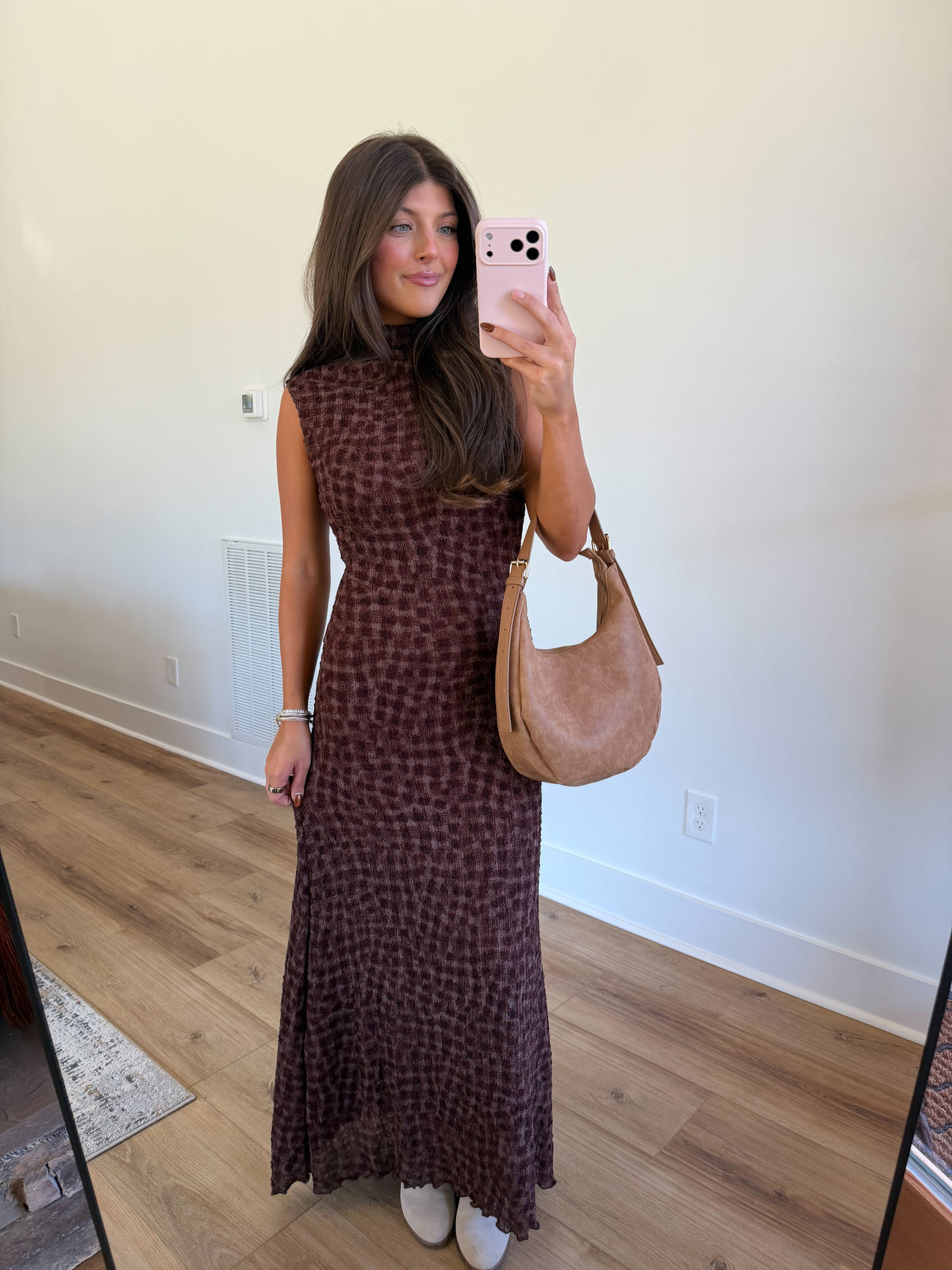 Coffee Gingham Maxi Dress