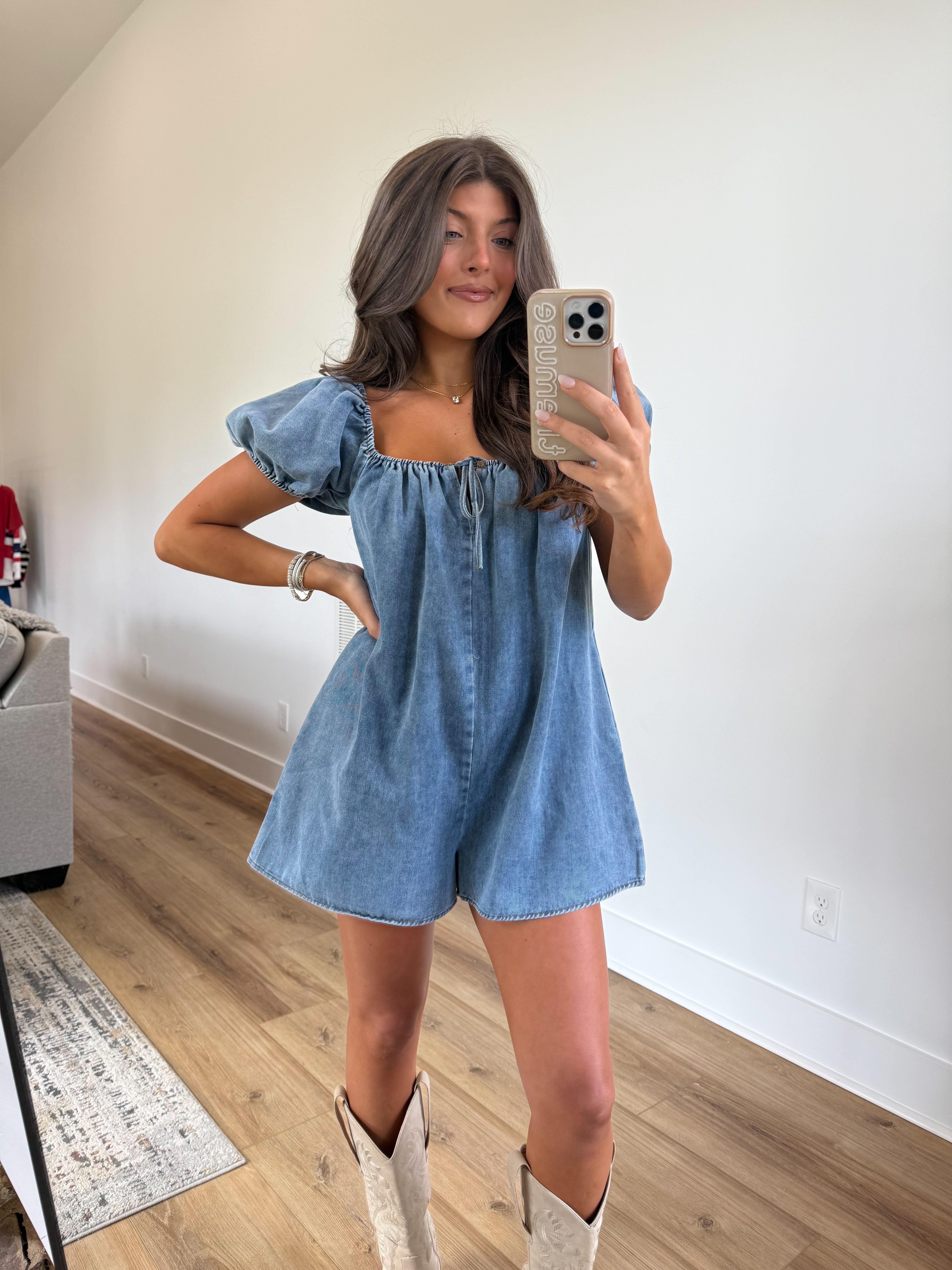 Denim Puff Sleeve Romper