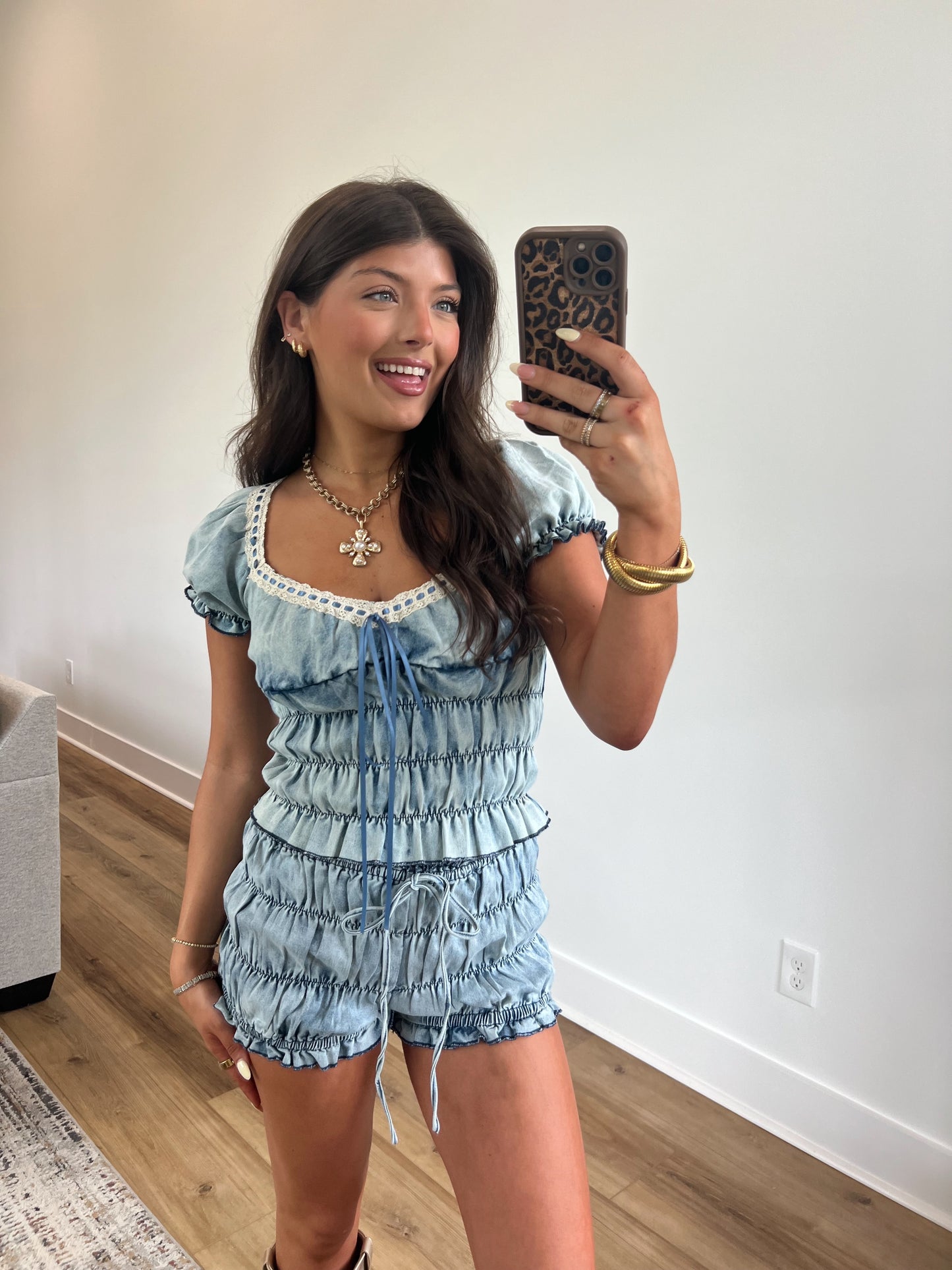 Denim Crinkle Shorts Set