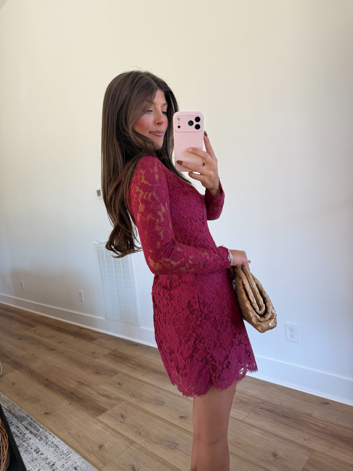 Floral Lace Mock Neck Mini Dress (Burgundy)
