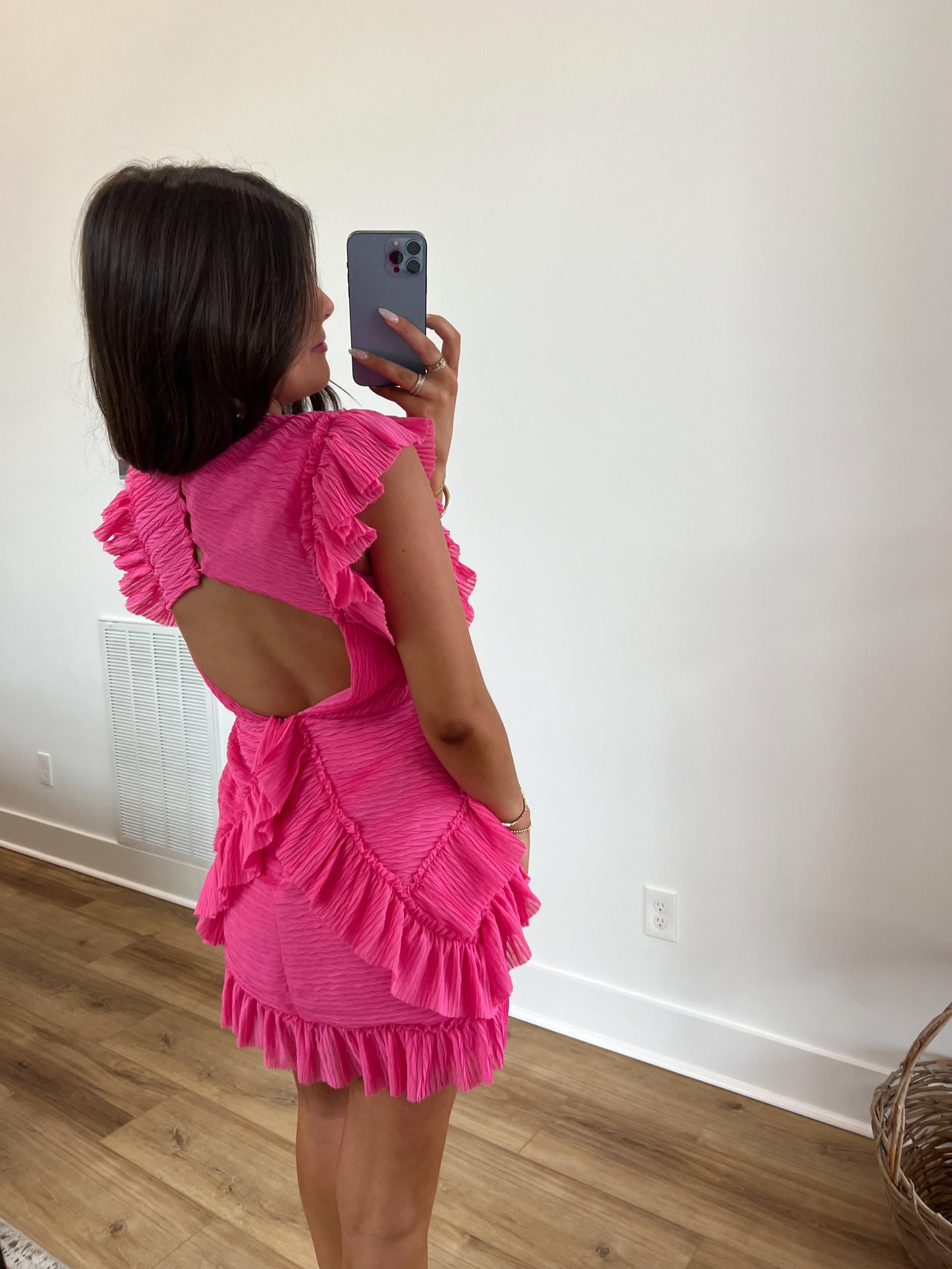 Hot Pink Ruffle Back Cut-Out Mini Dress