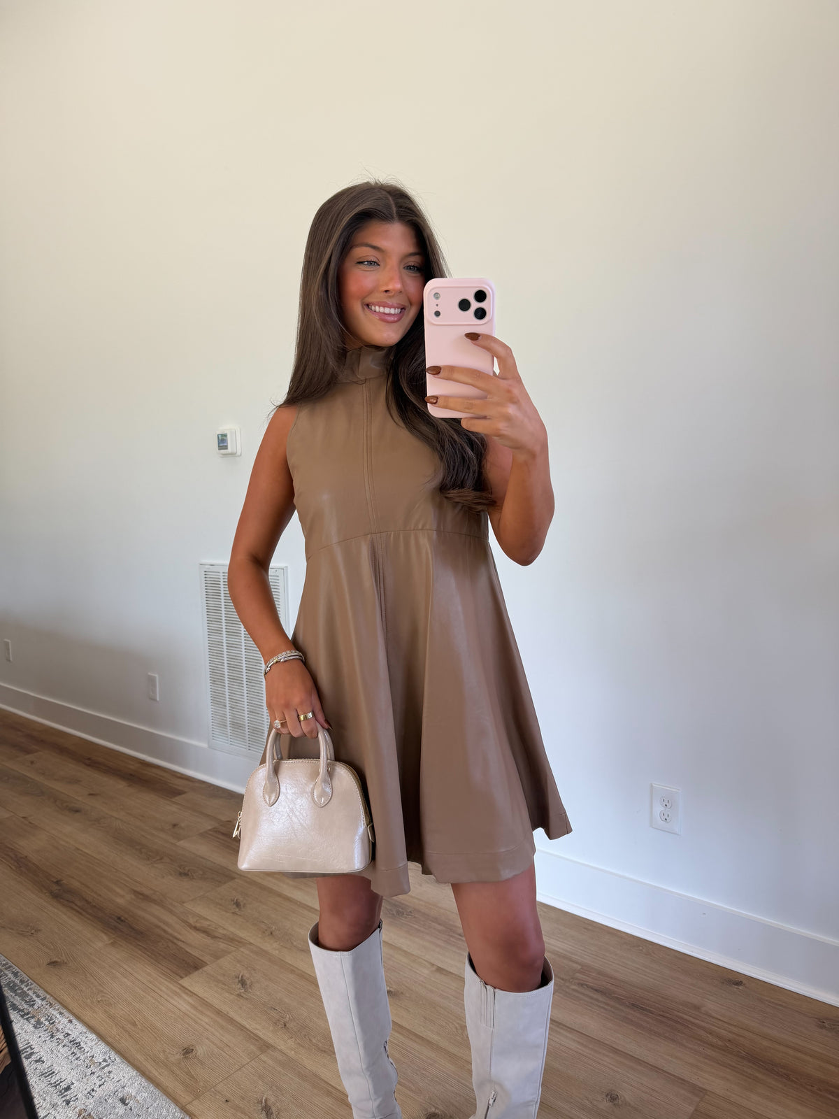 Brown Leather Swing Mini Dress
