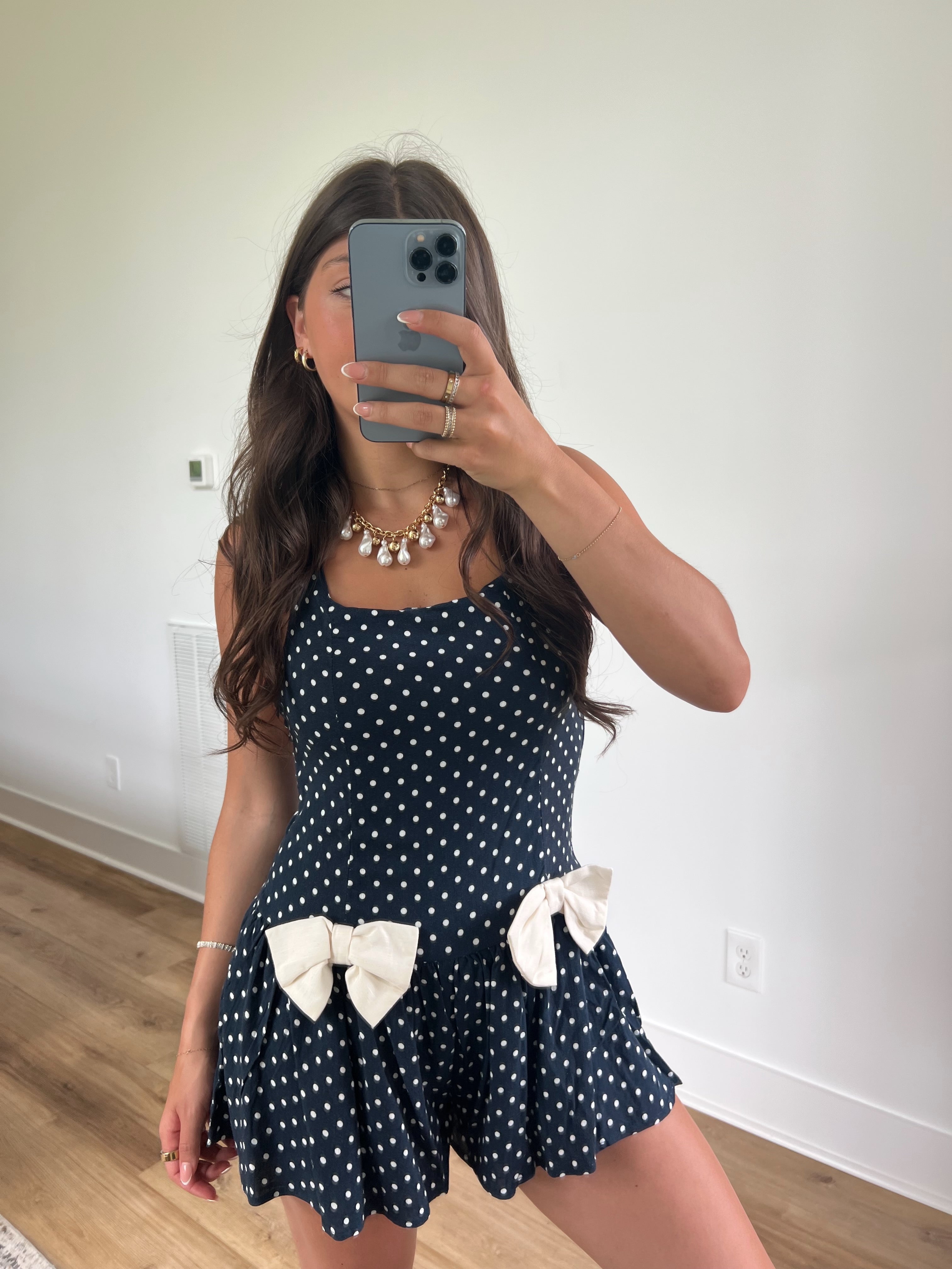 Bow Tie Babydoll Romper (Navy/White)