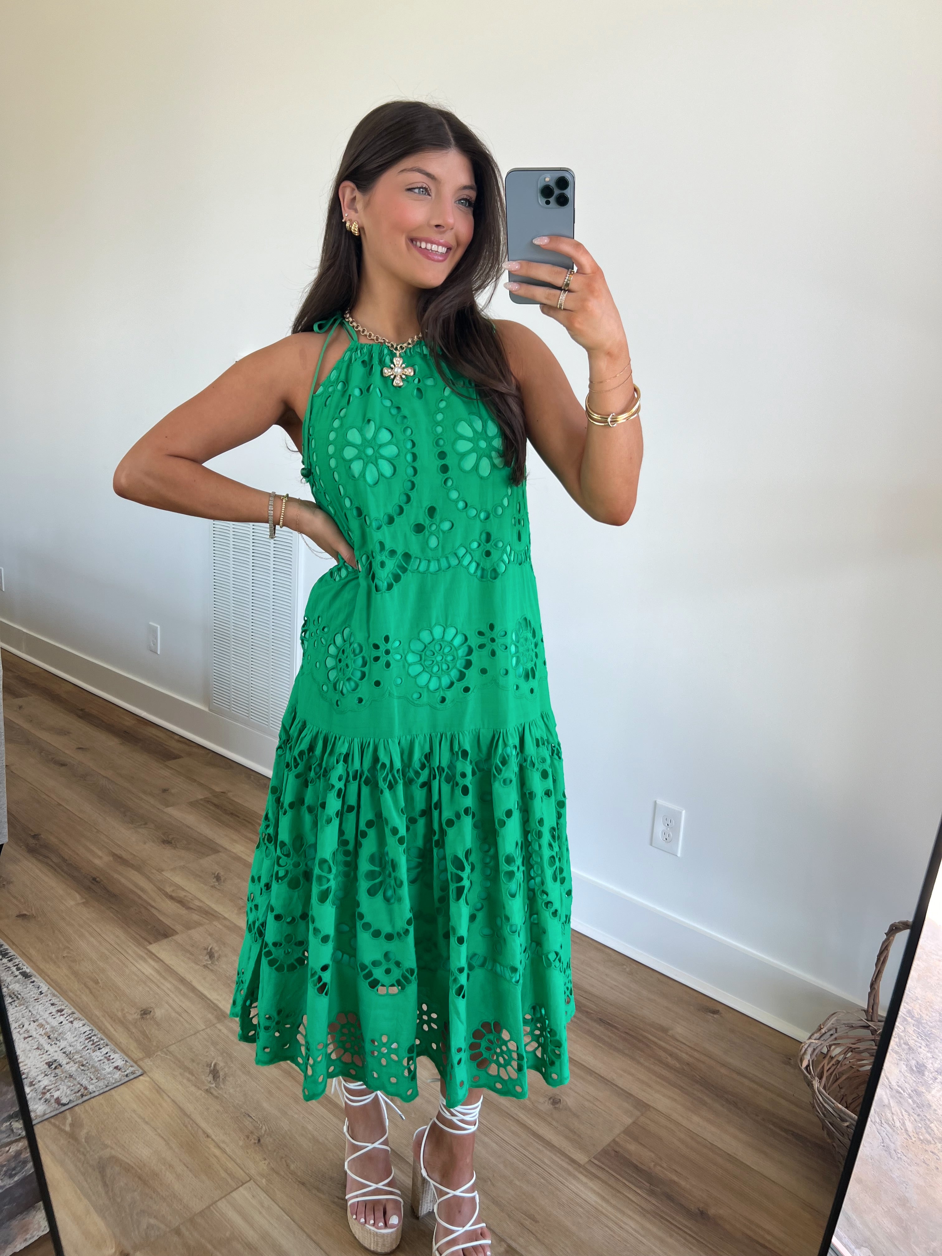 Kelly Green Elegant Eyelet Maxi Dress