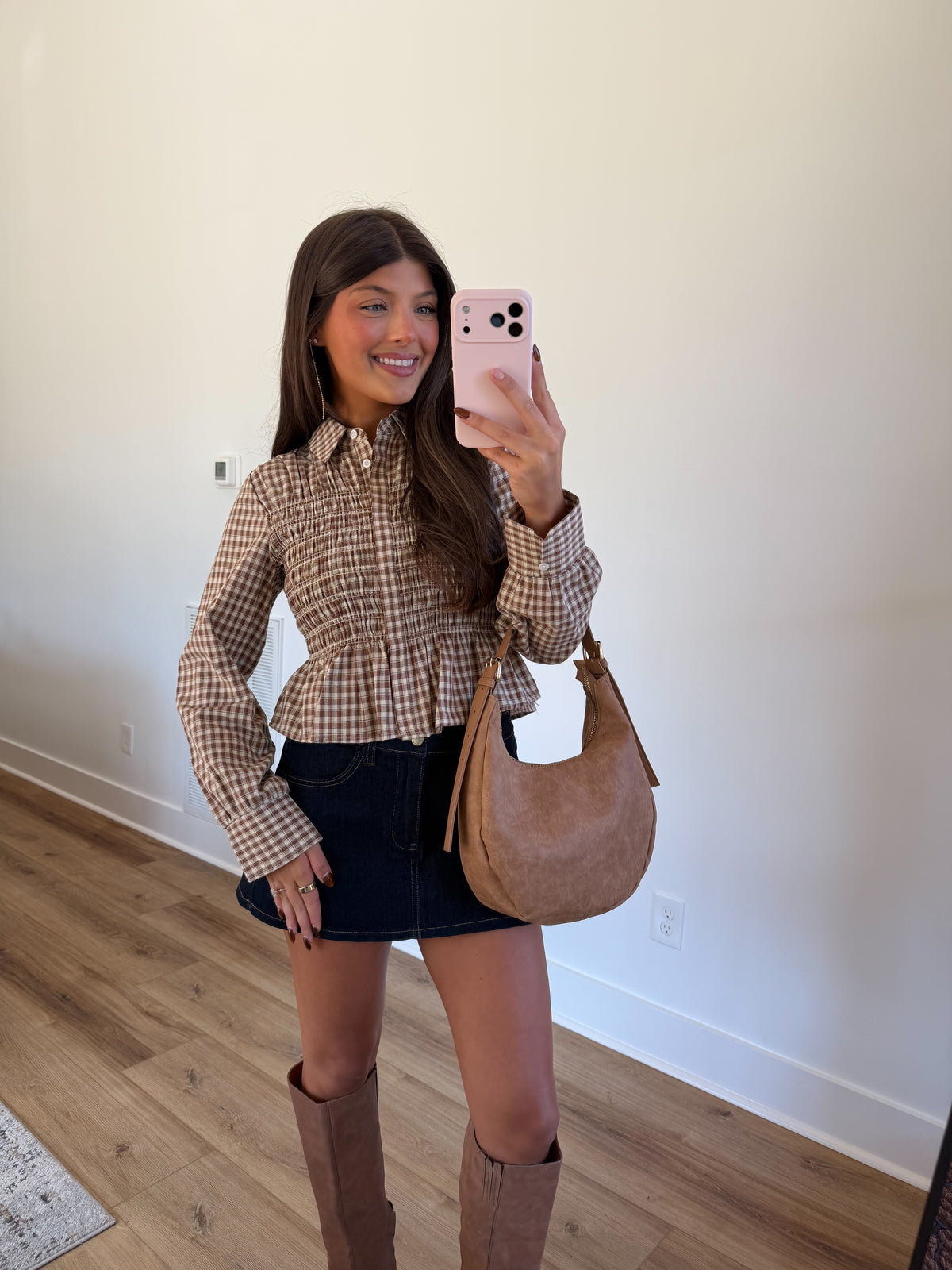 Brown Plaid Smocked Peplum Top