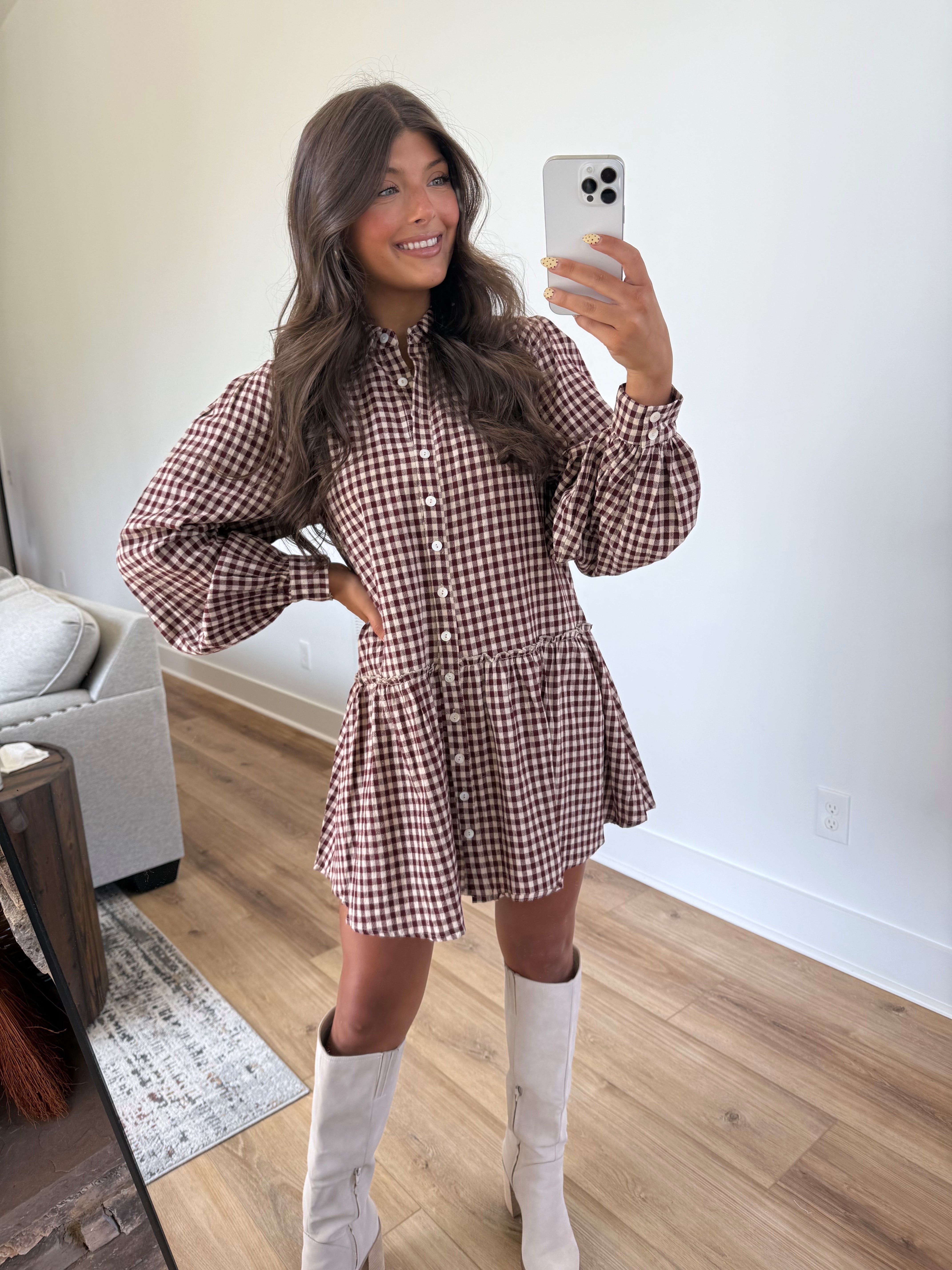 Burgundy Gingham Mini Dress