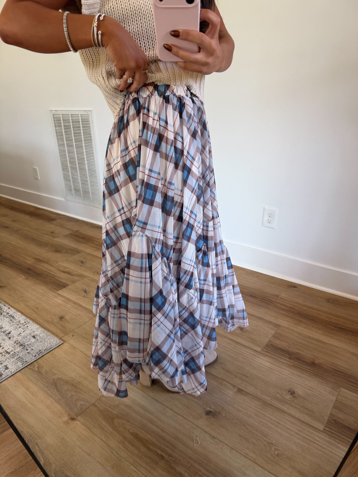Blue & Brown Plaid Ruffle Maxi Skirt