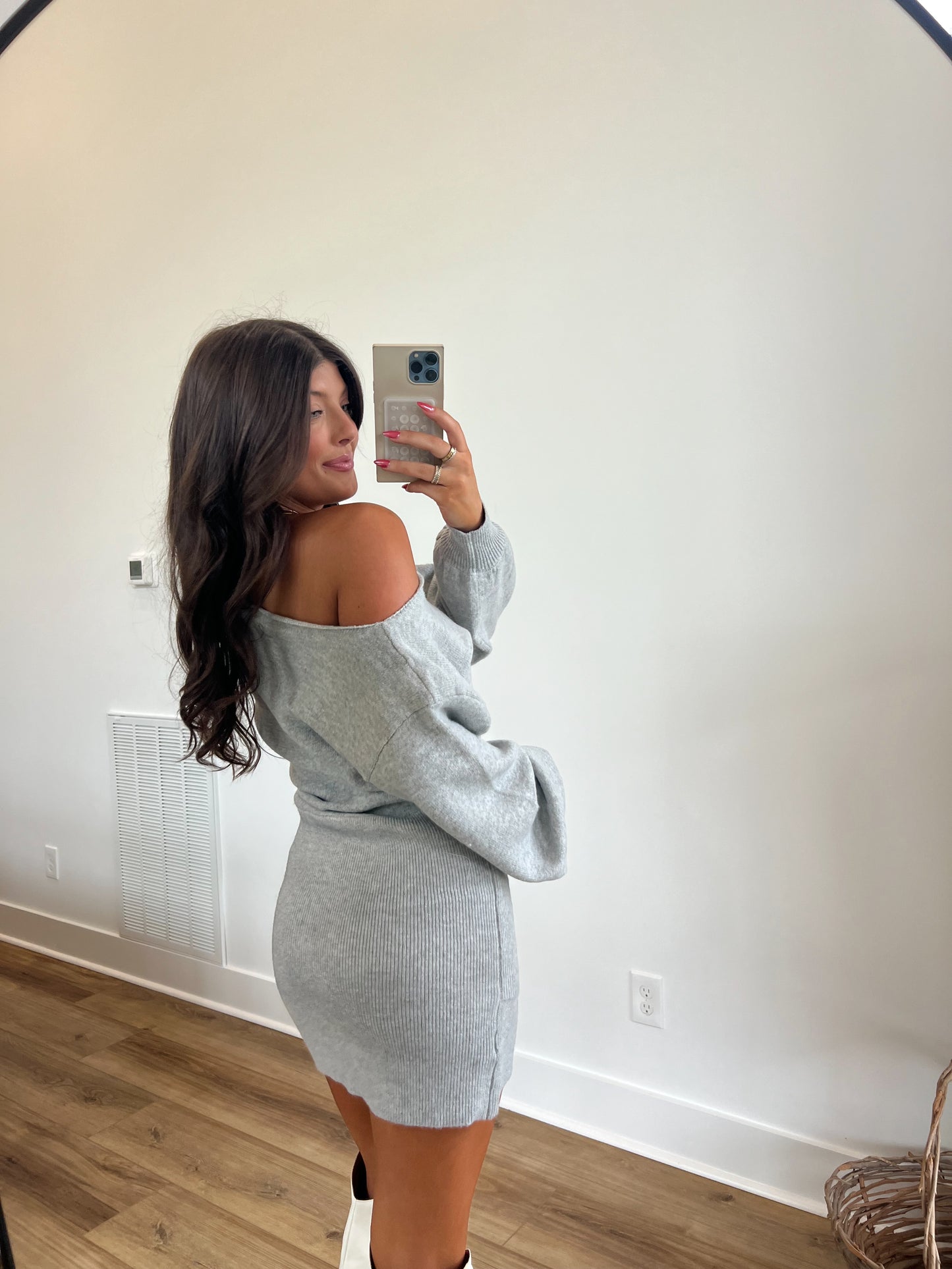 Grey Boat Neck Sweater Dress