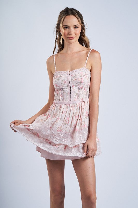 PINK Blooming Floral Hook&eyes Layered Lace Mini Dress