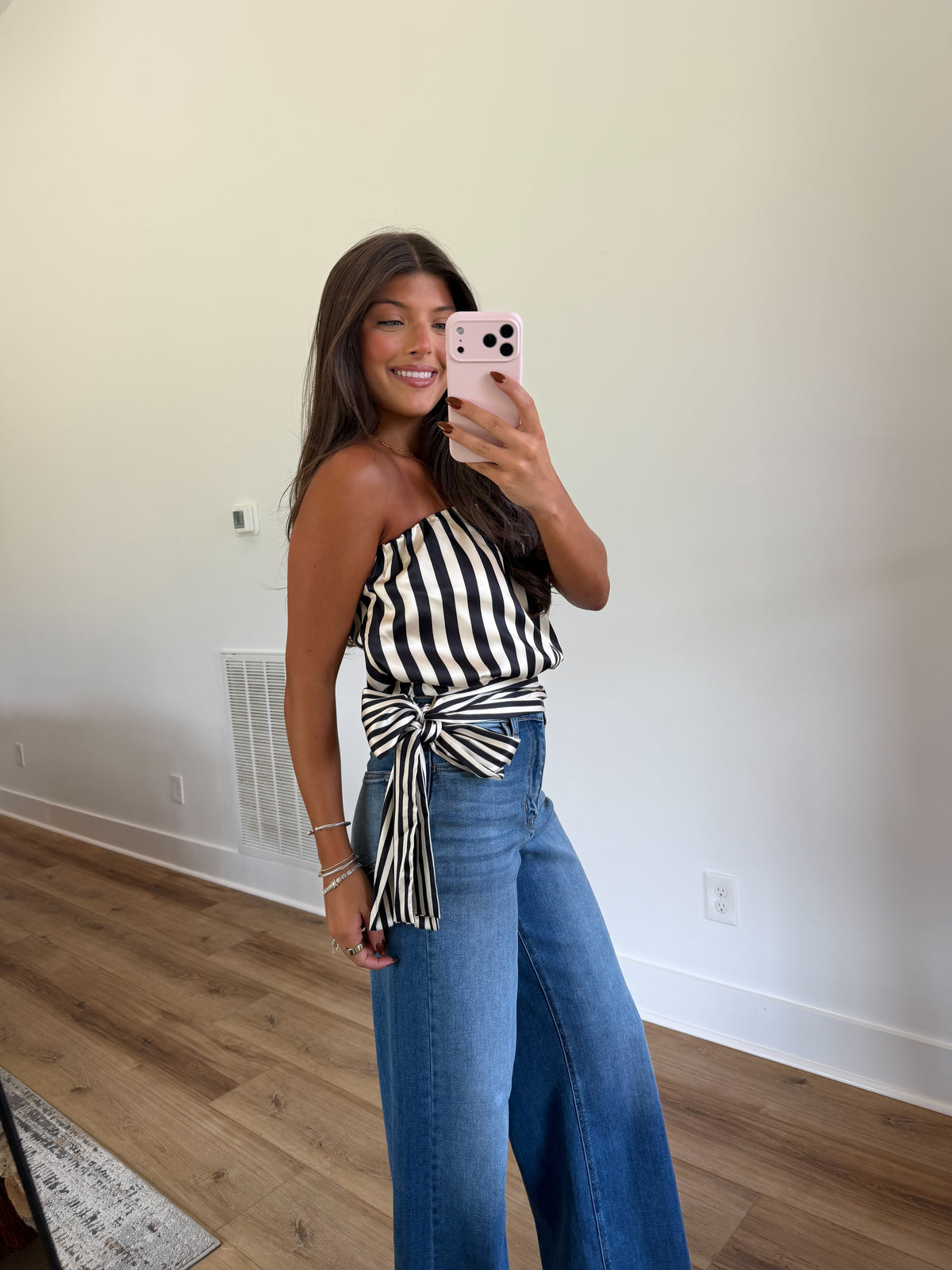 Satin Stripe Side Tie Top (Black)