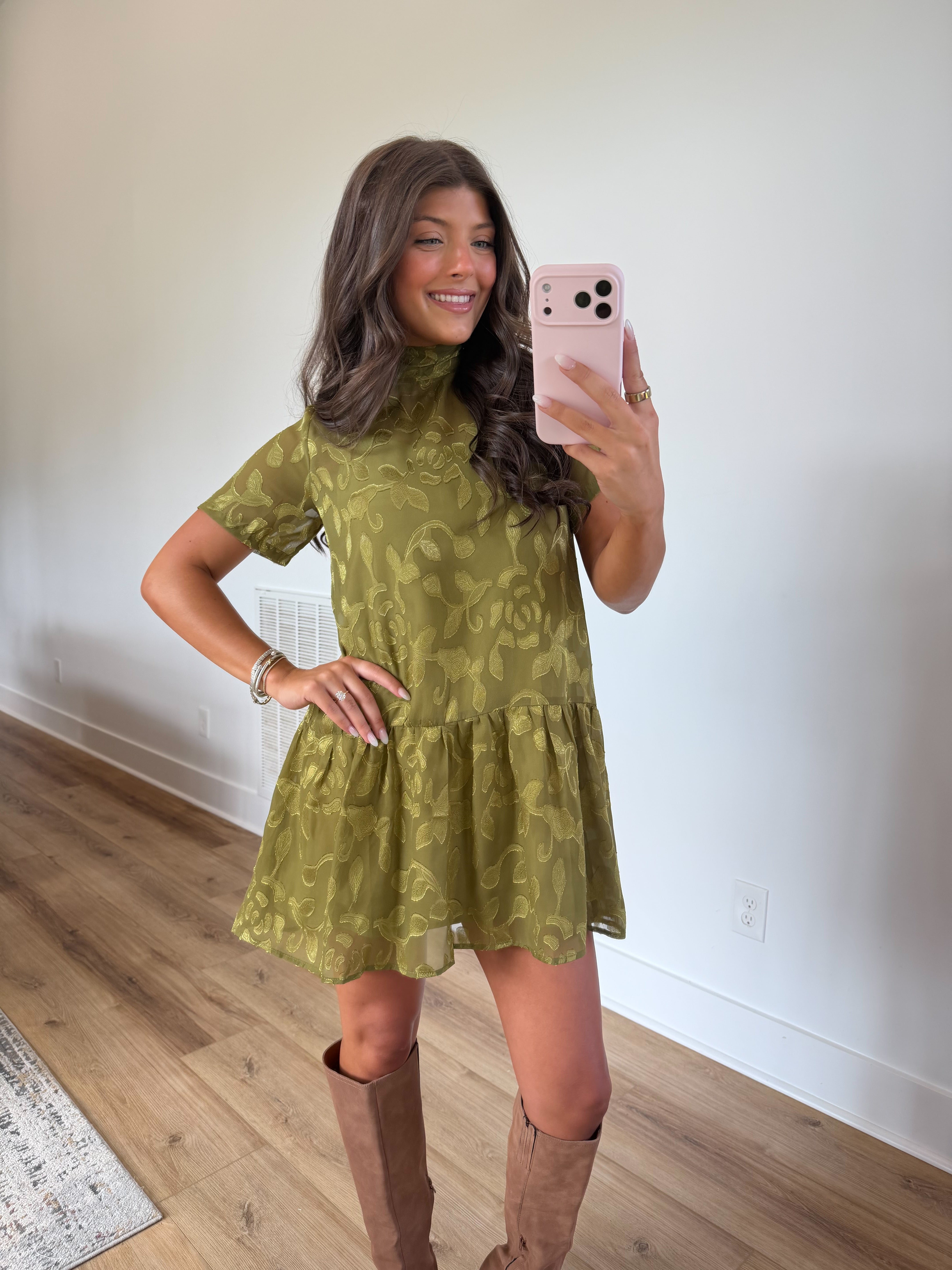 Olive Floral Jacquard Mini Dress