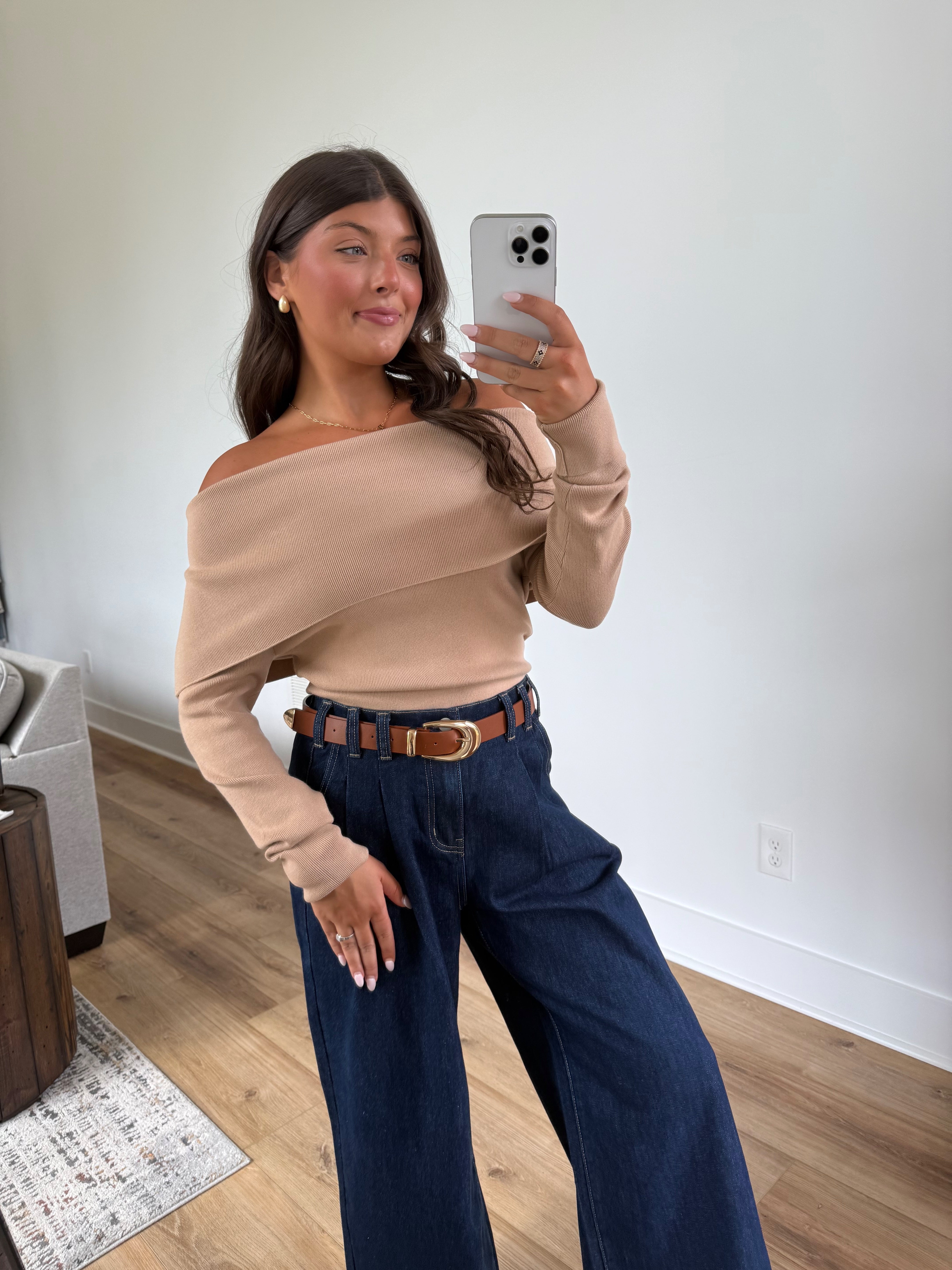 Foldover Off-Shoulder Knit (Tan)