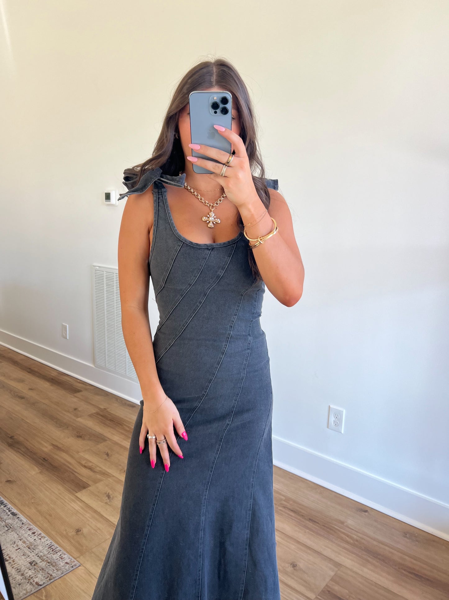 Black Denim Tie Maxi Dress
